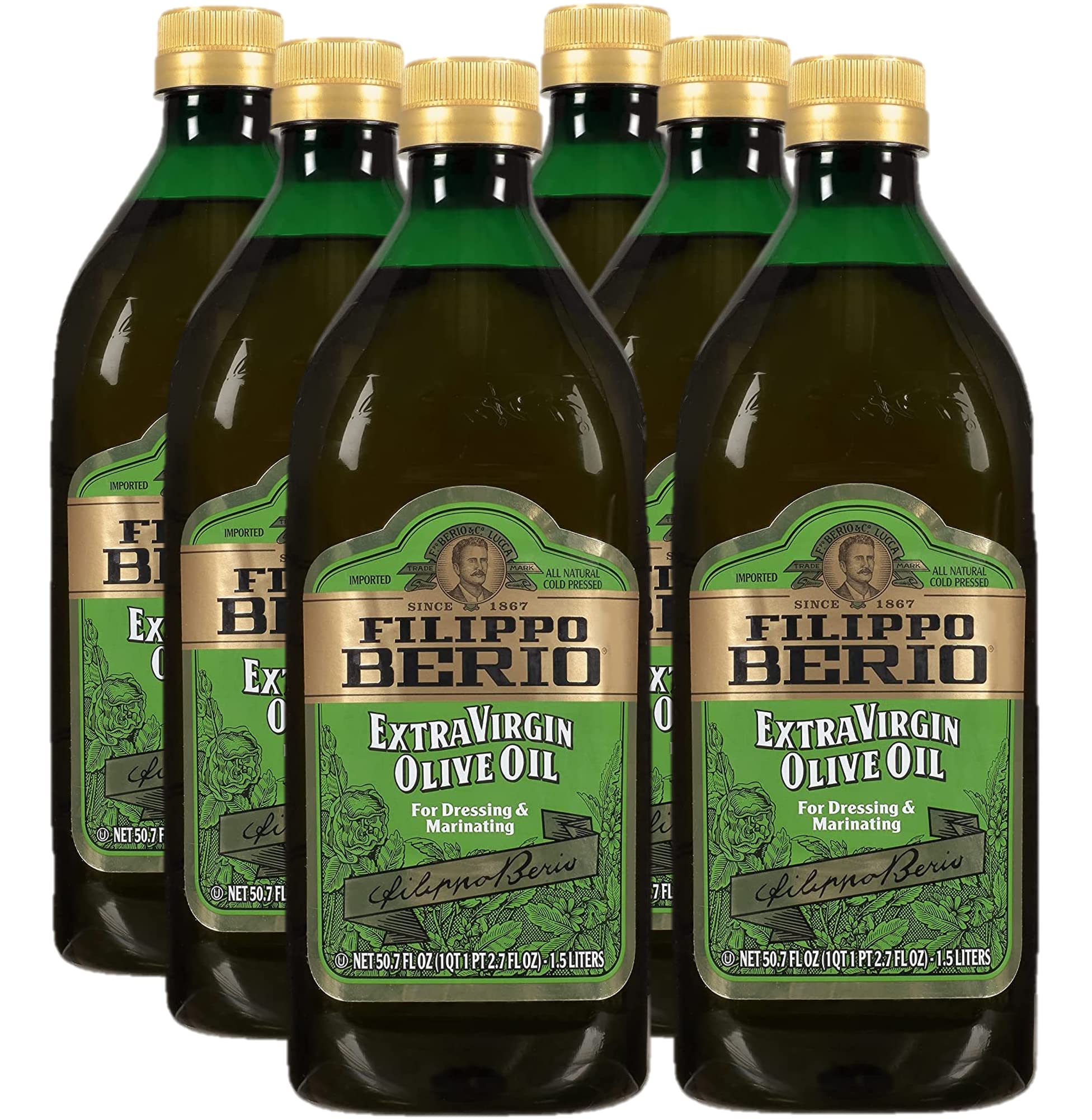 Filippo Berio Extra Virgin Olive Oil - 50.7 oz (1.5L) rPET Eco-Friendly Bottle, Pack of 6 | Premium Cooking Oil for Salads, Pasta & Mediterranean Dishes