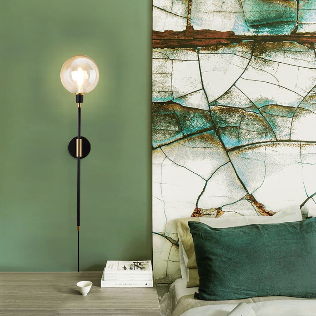 KCO Black Modern 1-Light Plug-in Wall Sconce with On/Off Switch & Long Arm Glass Shade - Amber Wall Lamp for Bedroom, Living Room, Kitchen & Hallway (2-Pack) | Perfect for Ambient Lighting & Space-Saving Wall Decor