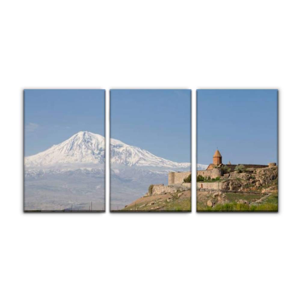 Modern Canvas Painting - Khor Virap Church & Mount Ararat Landscape Wall Art - Armenia Scenery Oil Painting Print - Home Office Bedroom Decor - Set of 3 Framed 16x24 Inch Paintings - Perfect for Living Room, Dining Area & Gift Giving