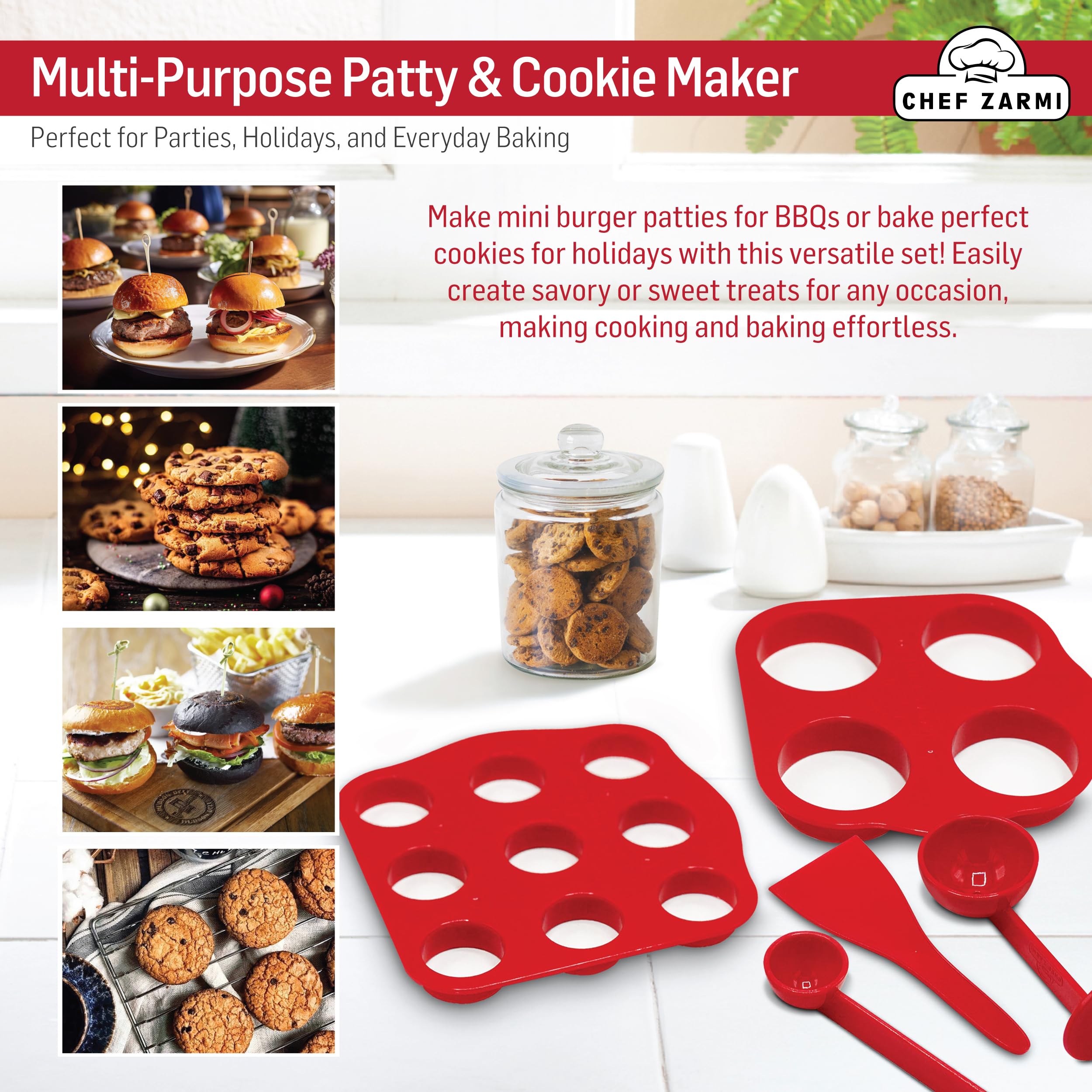 Premium Cookie Press & Patty Maker Set - 3-in-1 Baking Tool for Cookies & Mini Hamburgers - Includes Spatula & Measuring Spoons - Perfect for Holiday Baking, Party Snacks & Home Cooking - Ideal Gift for Bakers & Food Enthusiasts