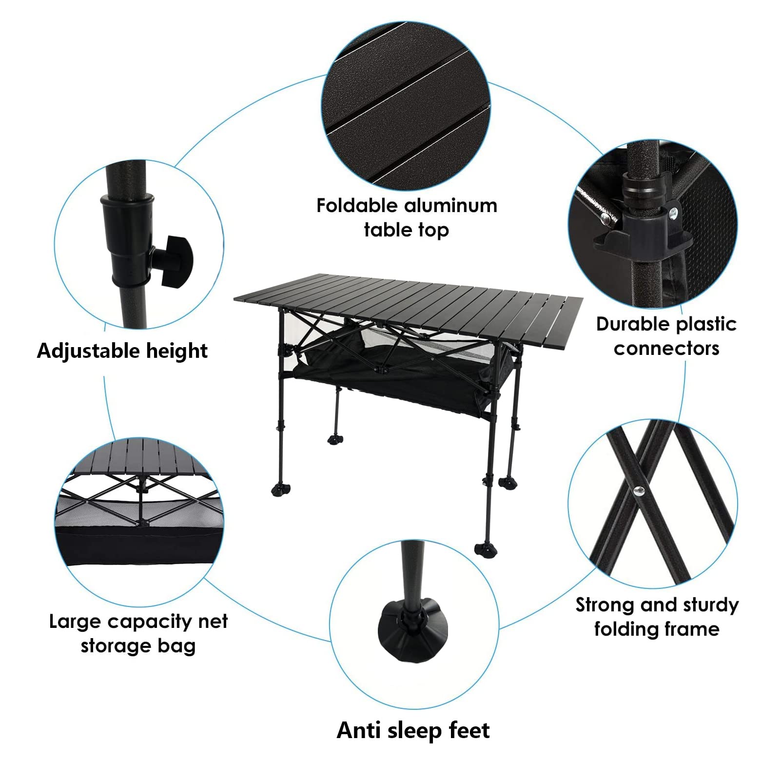 LEADALLWAY Adjustable Height Aluminum Camping Table - Folding Portable Outdoor Picnic Table with Large Storage Organizer & Carrying Bag (47