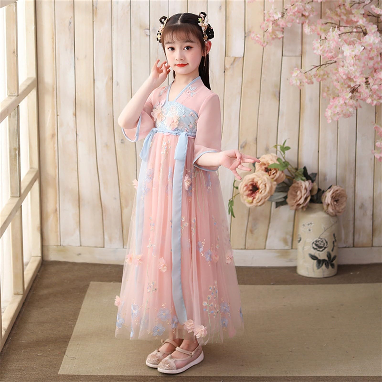 **Toddler Girls Spring Chinese Baby Dress - Long Sleeve Cymbidium Printed Saree Chiffon Hanfu Fairy Dress for Kids - Perfect for Parties, Festivals & Photo Shoots**