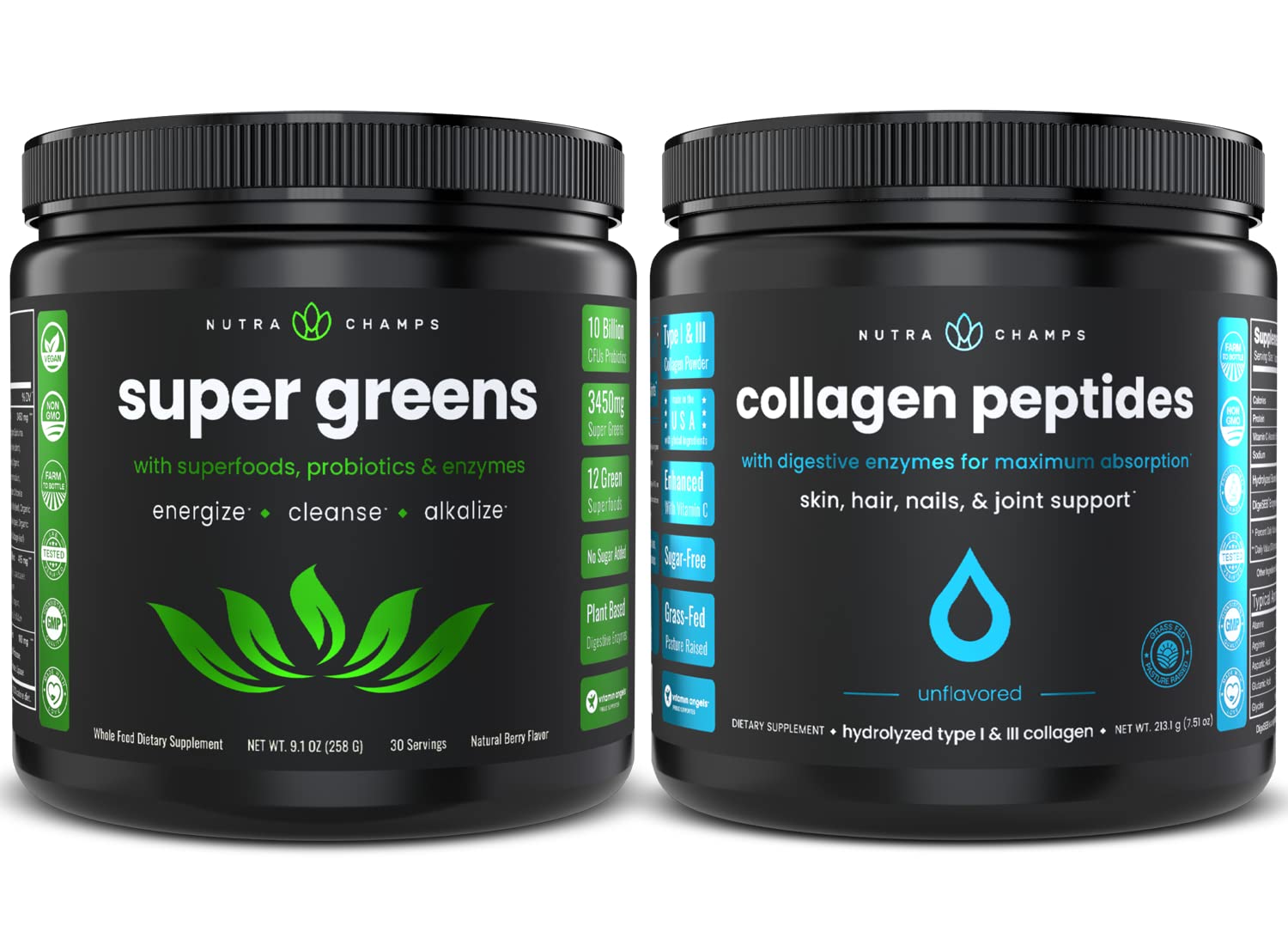 NutraChamps Super Greens Powder with Collagen Peptides - Organic Superfood Supplement for Detox & Skin Health - Perfect for Smoothies, Shakes & Daily Wellness Routine