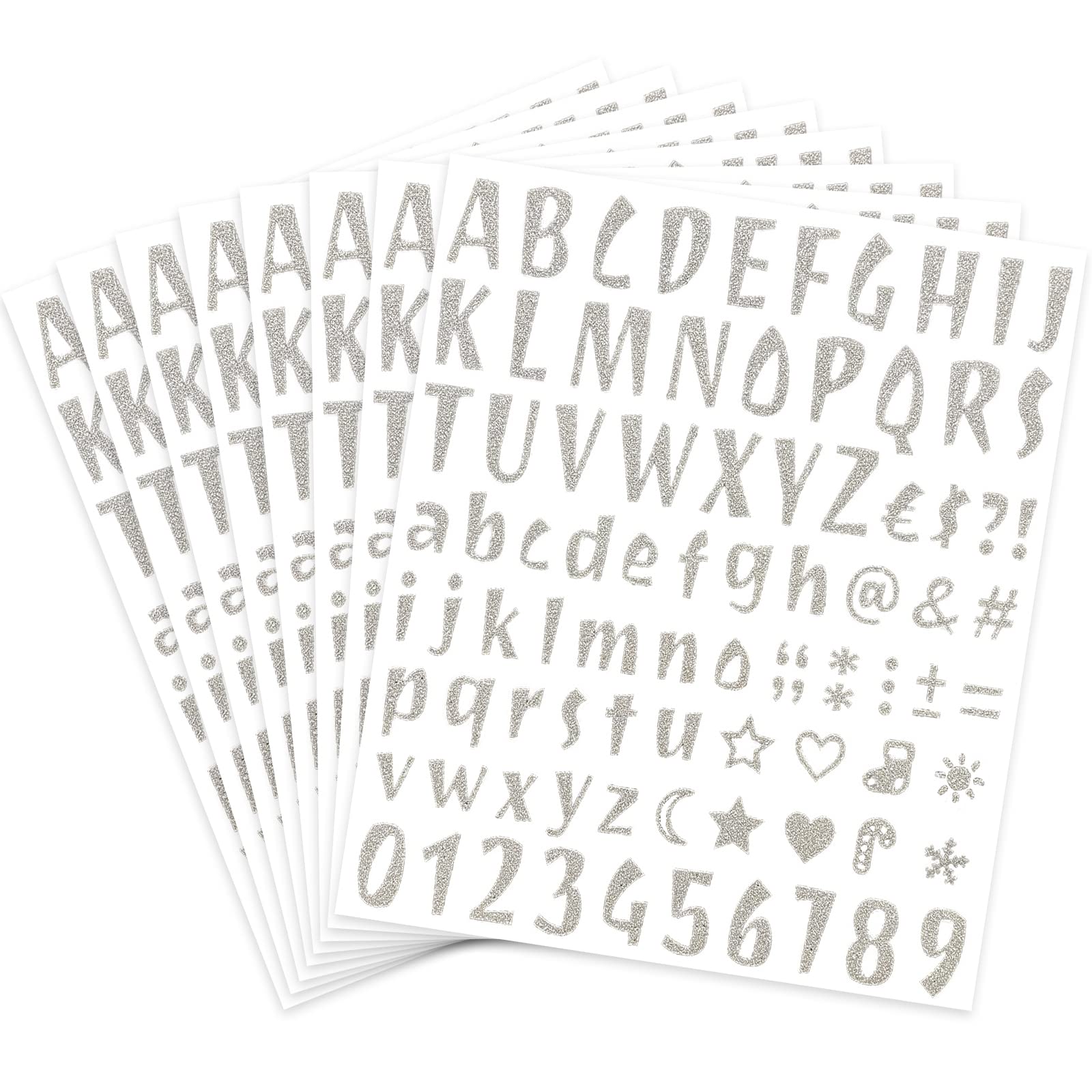 Glitter Alphabet Letter Stickers - 680Pcs Self Adhesive Number & Letter Stickers for DIY Crafts, Grad Cap Decoration, Christmas Mailbox Signs (8 Sheets, Silver) - Perfect for Scrapbooking, School Projects & Party Decorations