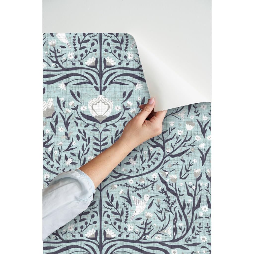 Peel & Stick Wallpaper 9ft x 2ft - Folk Art Design with Bees, Birds & Flowers | Gender Neutral Nursery Decor | Removable Custom Wallpaper by Spoonflower | Perfect for Kids' Rooms, Playrooms & Nursery Walls