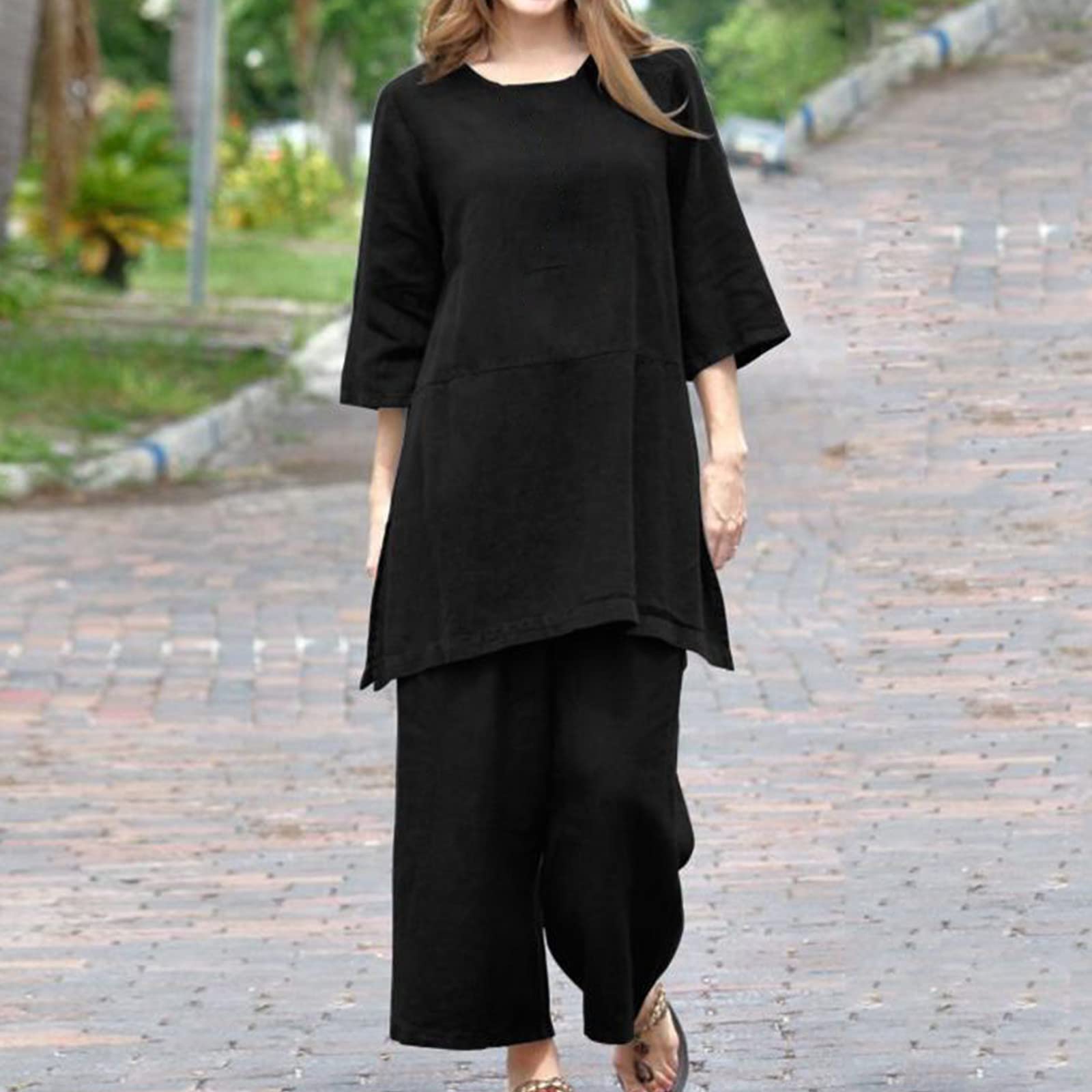 Women's Linen Shirt & Wide Leg Pants Set - 2 Piece Outfit for Fall | Comfortable Maternity Pajamas & Casual Wear | Perfect for Home, Office & Travel