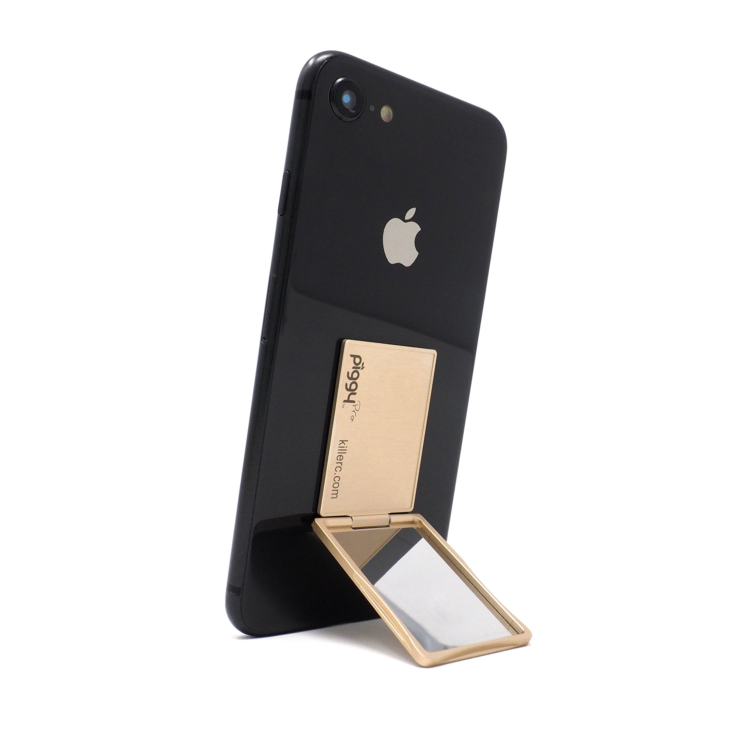 Adjustable Phone Stand & Grip with Mirror - Flip Stand (Piggy Pro) - Gold - Compatible with Magnetic Car Mount - Perfect for Hands-Free Viewing, Video Calls & Driving Navigation