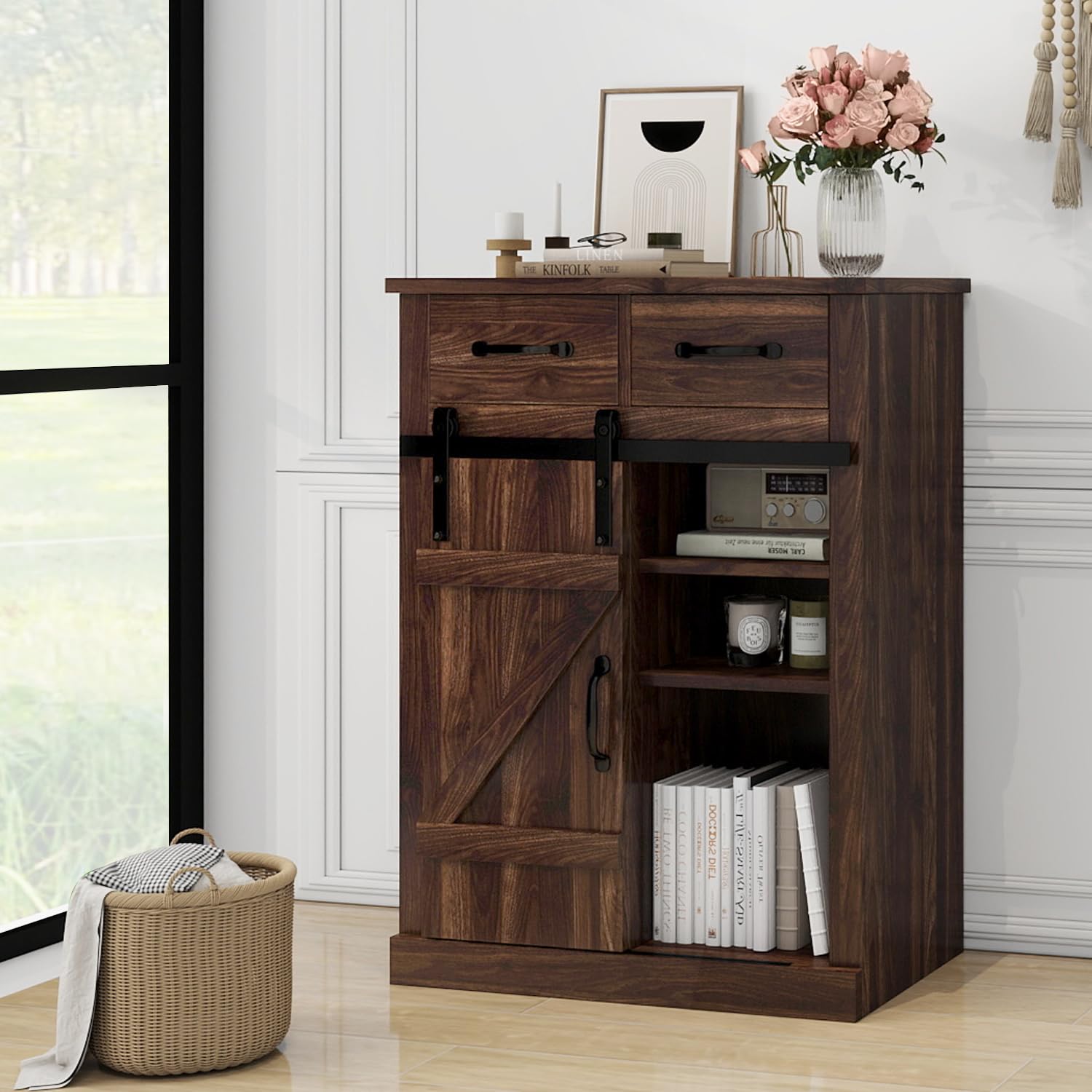 Farmhouse Storage Cabinet - Modern Buffet Sideboard with 2 Drawers & Barn Door, Freestanding Kitchen Pantry & Coffee Bar Cabinet for Dining Room, Living Room, Bathroom, Entryway - Perfect for Rustic Home Decor & Small Space Organization (Brown)