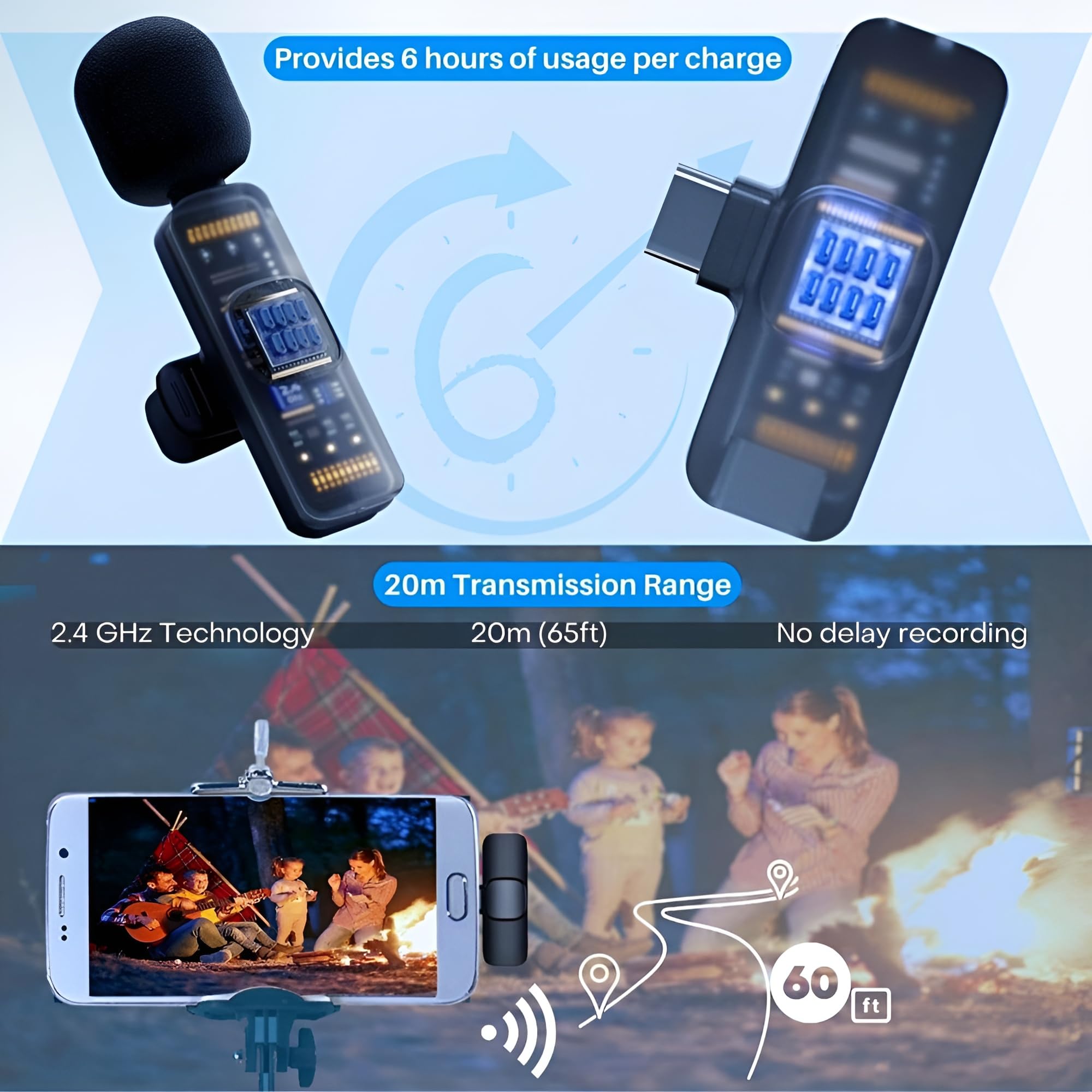 Wireless Lavalier Microphone for iPhone 15 & Samsung S24 - USB-C Microphone for Android - 2-in-1 Clip-on Mic for Video Recording, TikTok, YouTube, Live Streaming & Podcasting