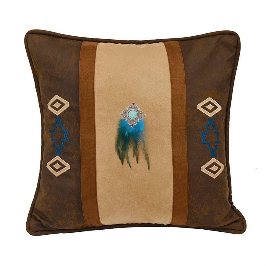 Turquoise and Tan Decorative Throw Pillow with Feather Insert - Perfect for Sofa, Bed, and Home Decor Accent