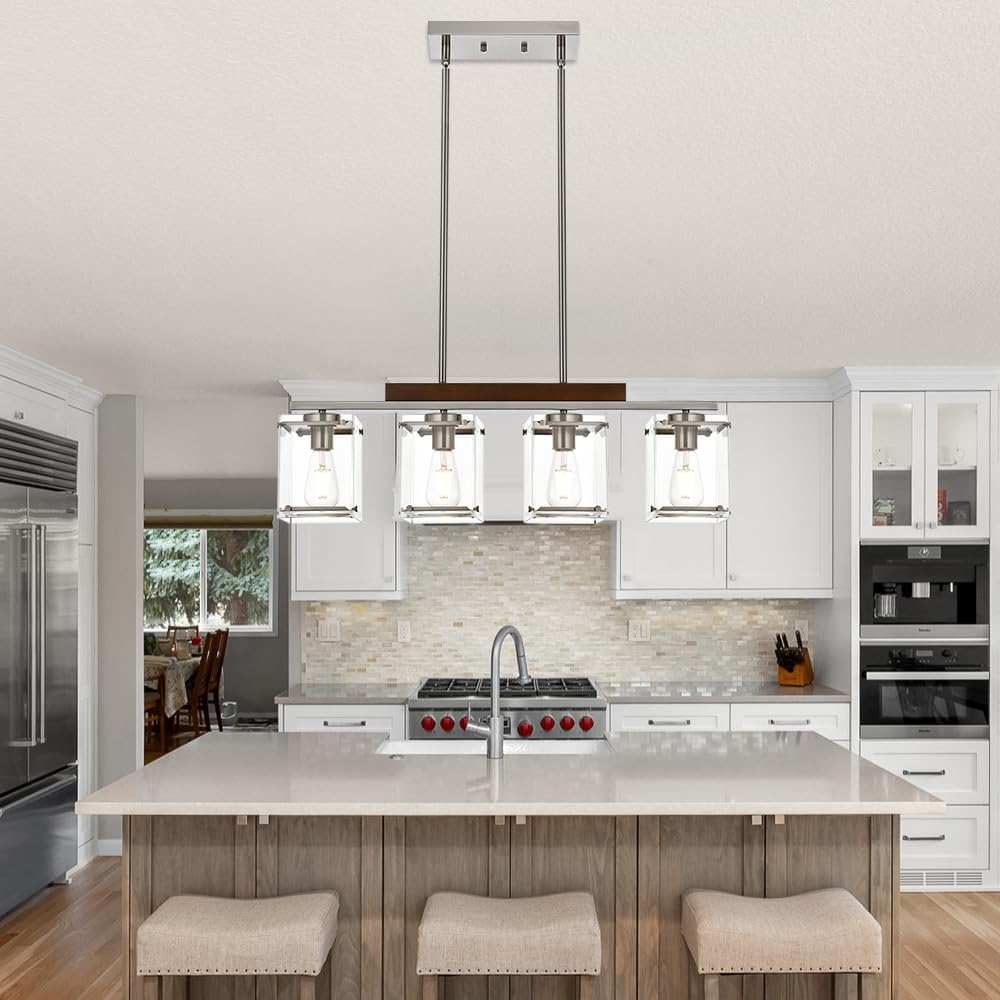4-Lights Wood Frame Linear Pendant Light Fixture with Clear Glass - Modern Brushed Nickel Kitchen Island Lighting for Dining Room, Breakfast Bar & Restaurant Decor
