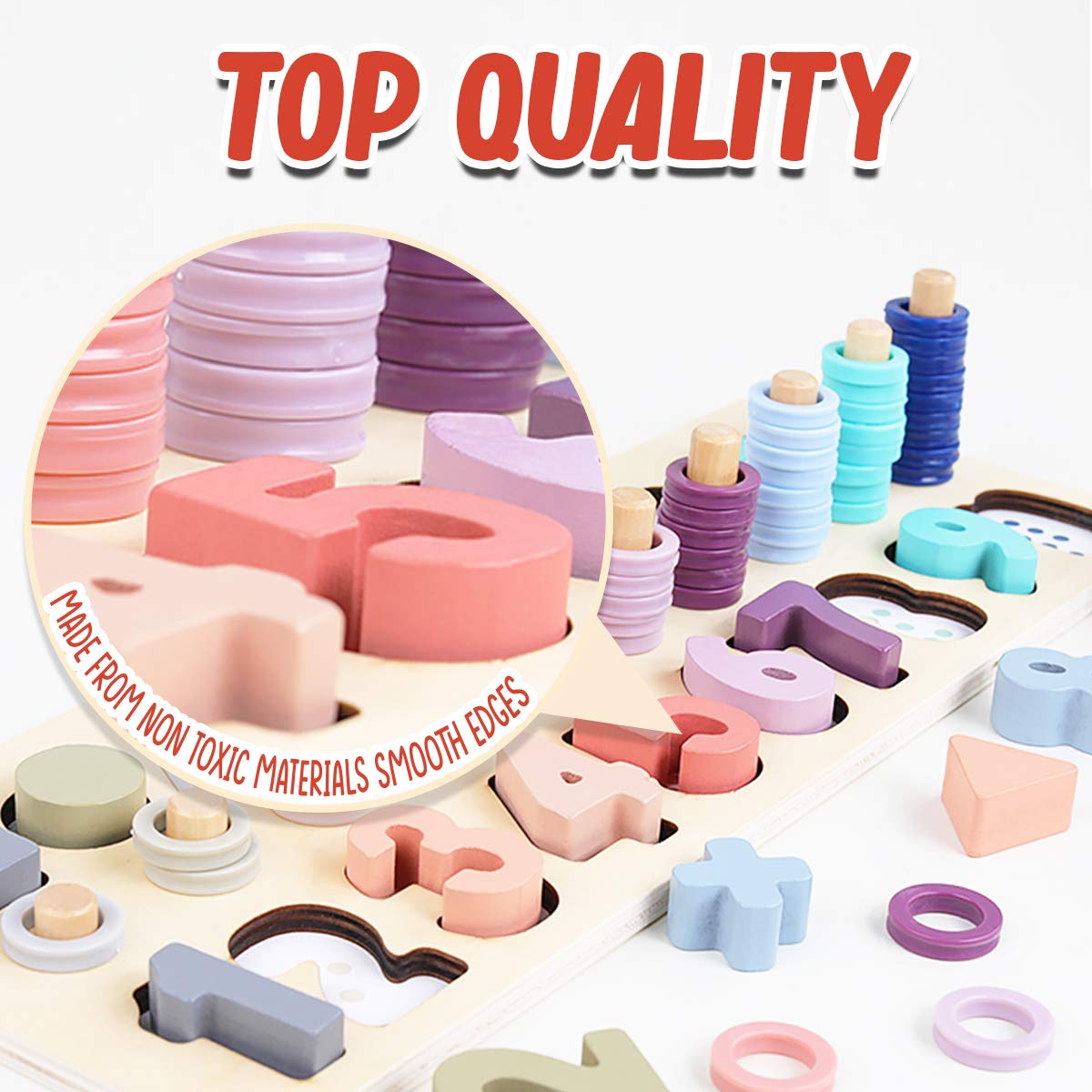 Montessori Wooden Shape & Number Puzzle Blocks - Educational Preschool Learning Toys for Boys & Girls | CozyBomB Macaron Color | Perfect for Homeschooling, Daycare & Early Childhood Development