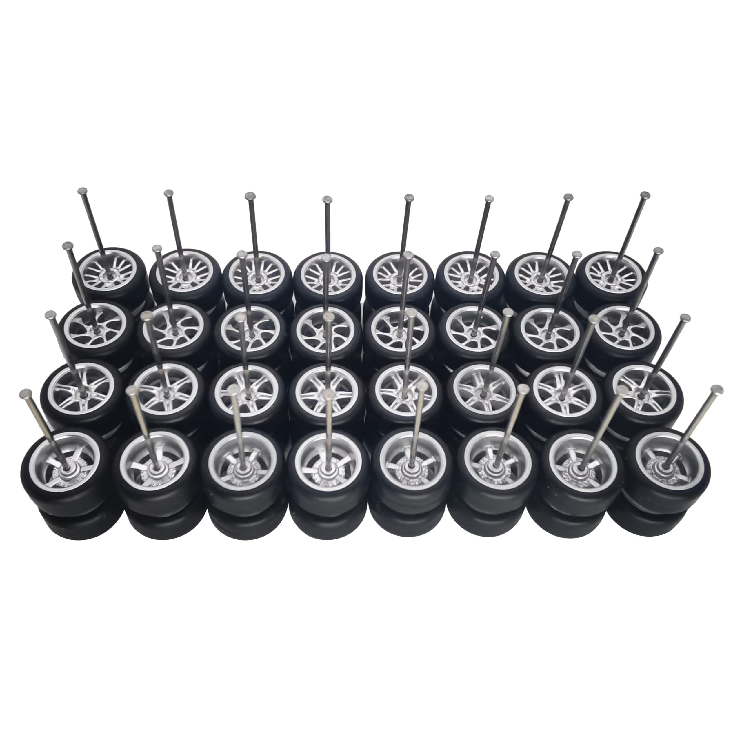 1/64 Scale Wheels and Tires Kit - 16 Set Simulation Alloy Wheels with Rubber Tires & Hub Caps for Diecast Model Cars - Perfect for Collectors, Customization & Display (Silver) - Enhance Your 1/64 Scale Car Collection & Diorama Scenes