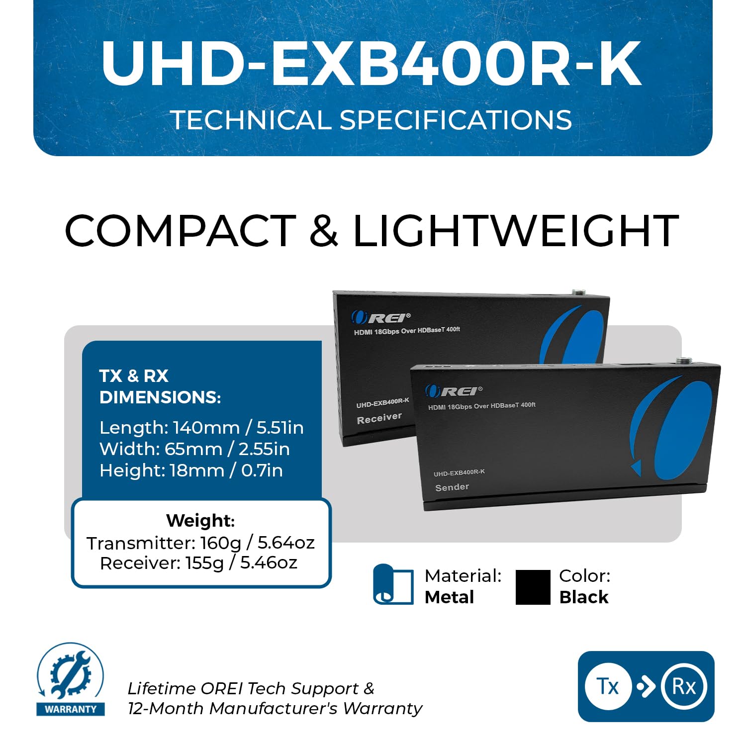 OREI 4K HDMI over Ethernet Extender Balun - HDBaseT UltraHD 4K@60Hz 4:4:4 with HDR, CEC & IR Control, RS-232 - Extends HDMI Signal up to 400ft via CAT5e/6/7 Cable - Perfect for Home Theater, Gaming & Professional AV Setups (UHD-EXB400R-K)