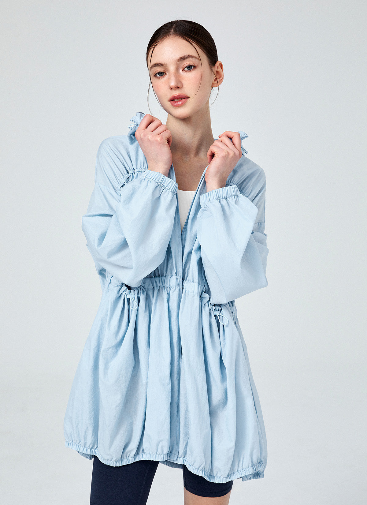 Stylish Airy Balloon Shirring Hood Long Jacket for Women - Trendy Oversized Outerwear for Casual Outings & Streetwear Fashion