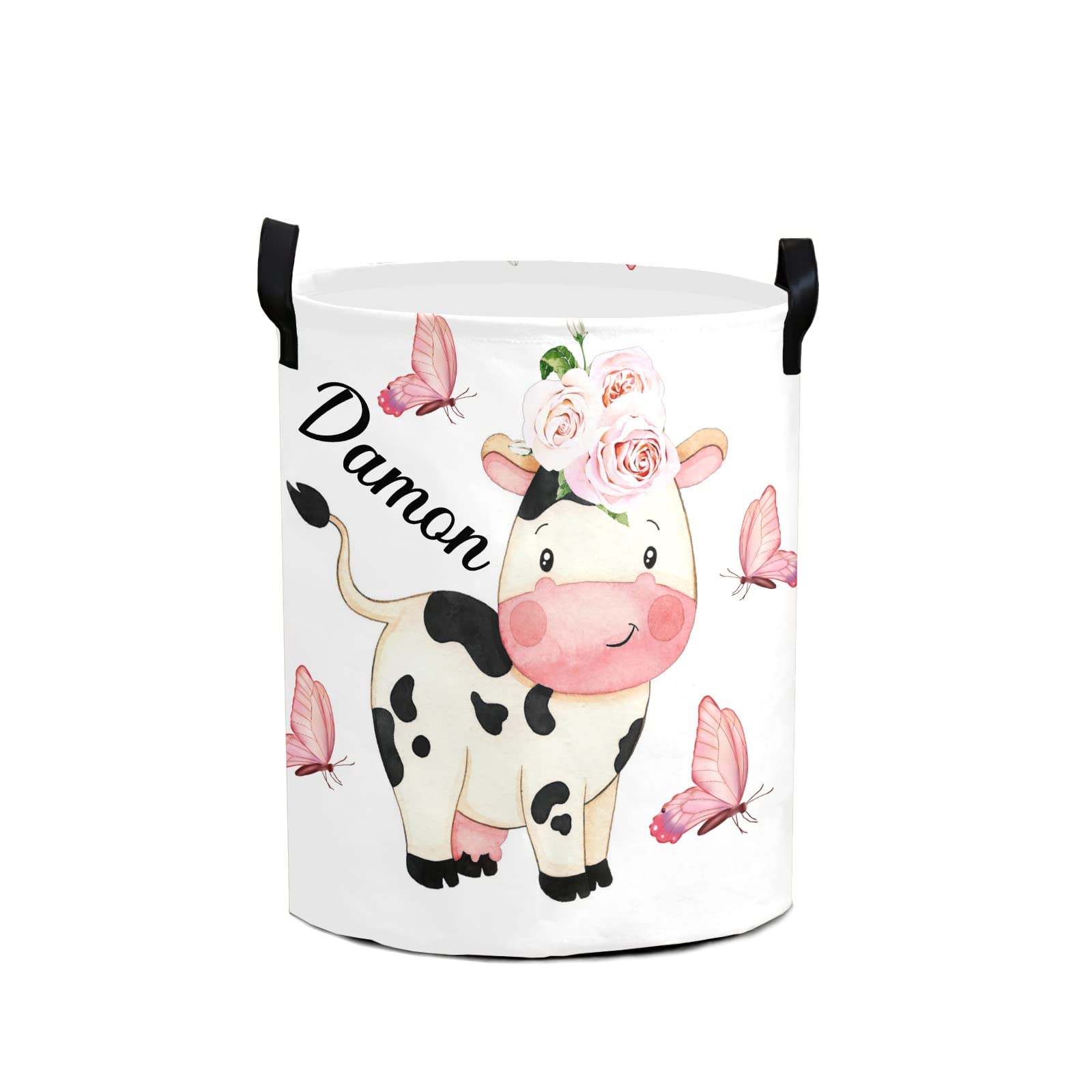 Personalized Floral Cow Laundry Hamper - Custom Name Storage Basket with Handles for Bathroom, Bedroom & Living Room | Cute Clothes Organizer for Nursery, Dorm & Home Decor