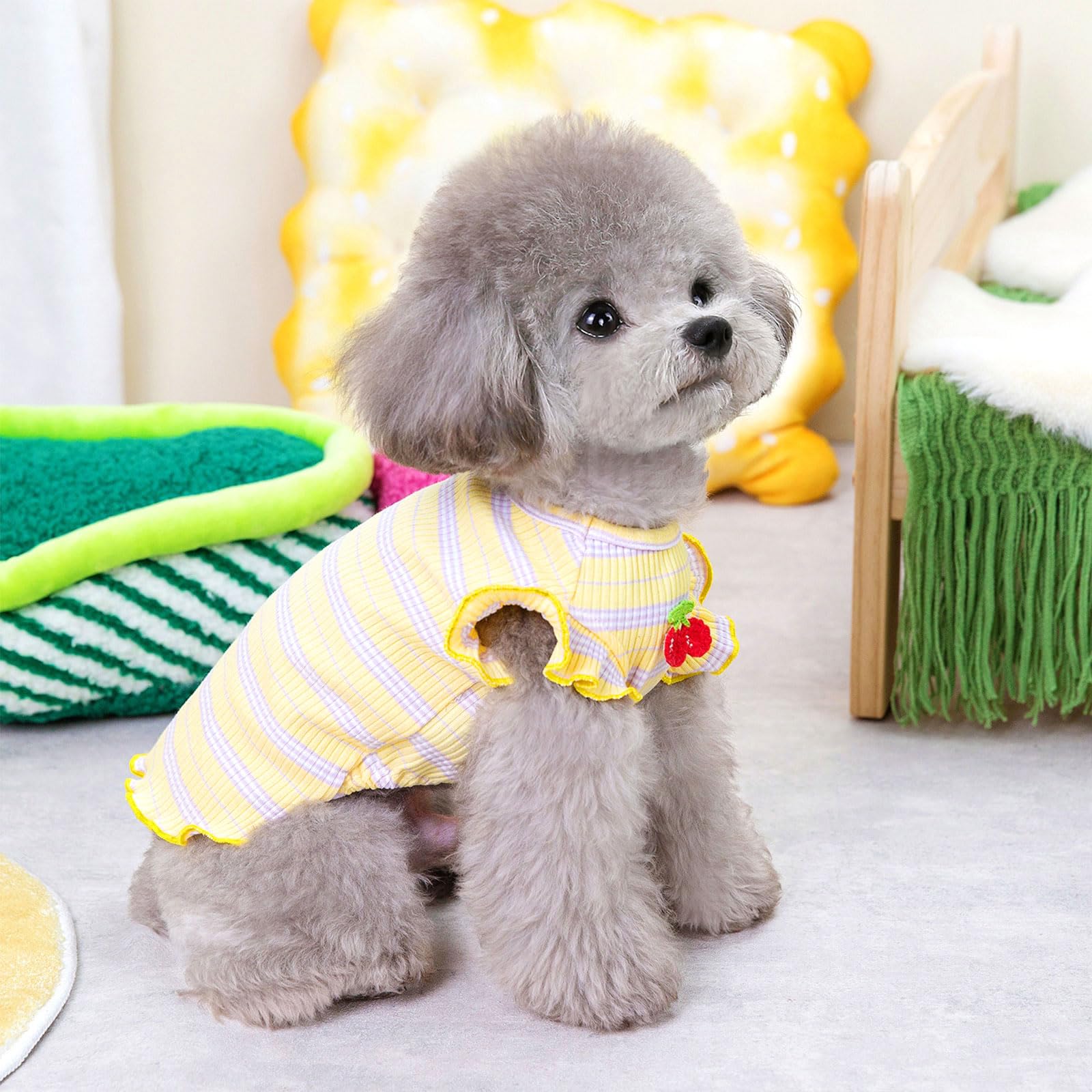 2 Pack Striped Small Dog T-Shirts - Cute Cherry Girl Pet Clothes for Small Dogs & Cats, Breathable Soft Cotton Sleeveless Vest, Spring Summer Puppy Outfits (Pink + Yellow, Medium) - Perfect for Daily Walks, Pet Parties & Photo Shoots