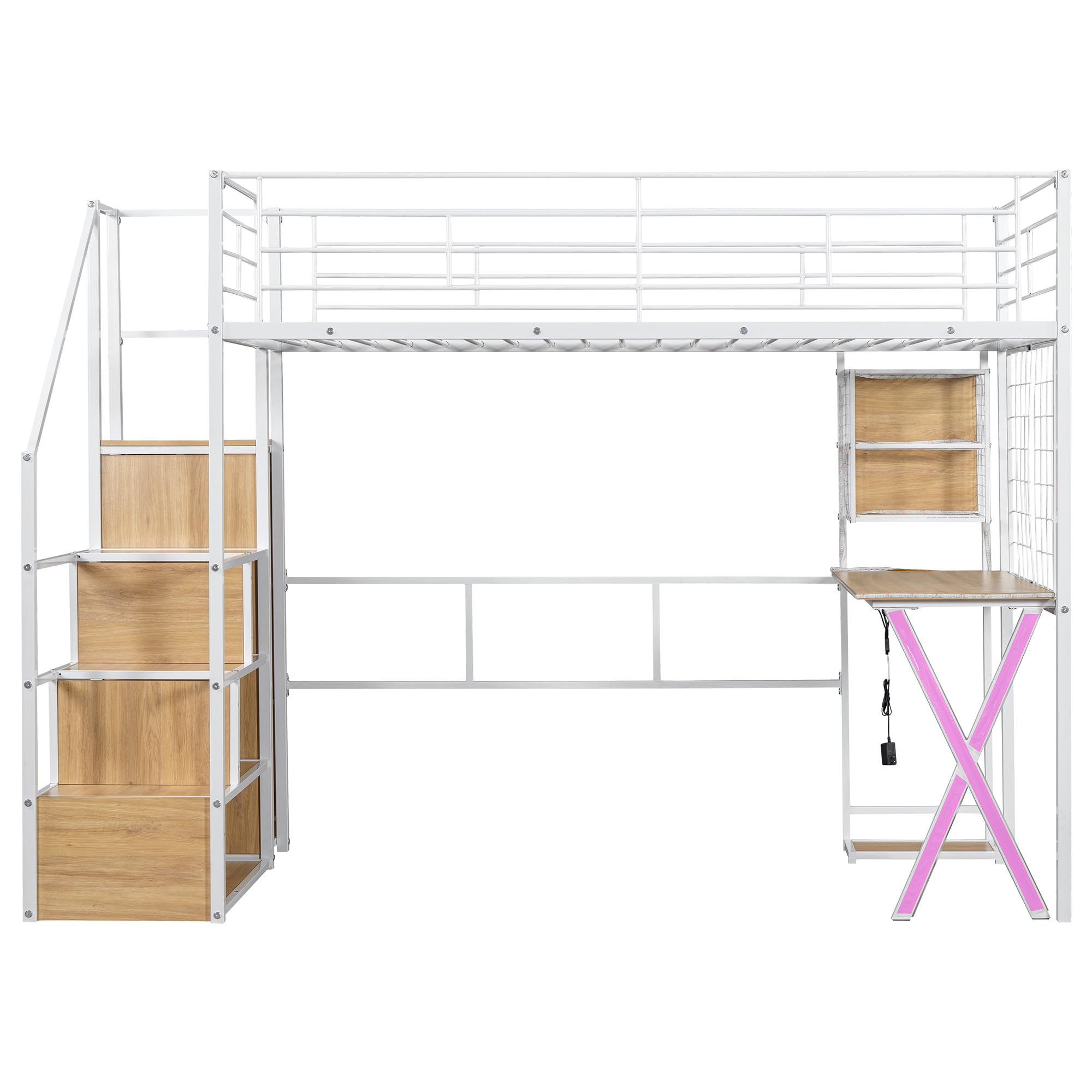 LZ LEISURE ZONE Twin Size Metal Loft Bed with Built-in Desk, Wardrobe, Storage Stairs & LED Lights - White | Space-Saving Bedroom Furniture for Teens, College Dorms & Small Apartments