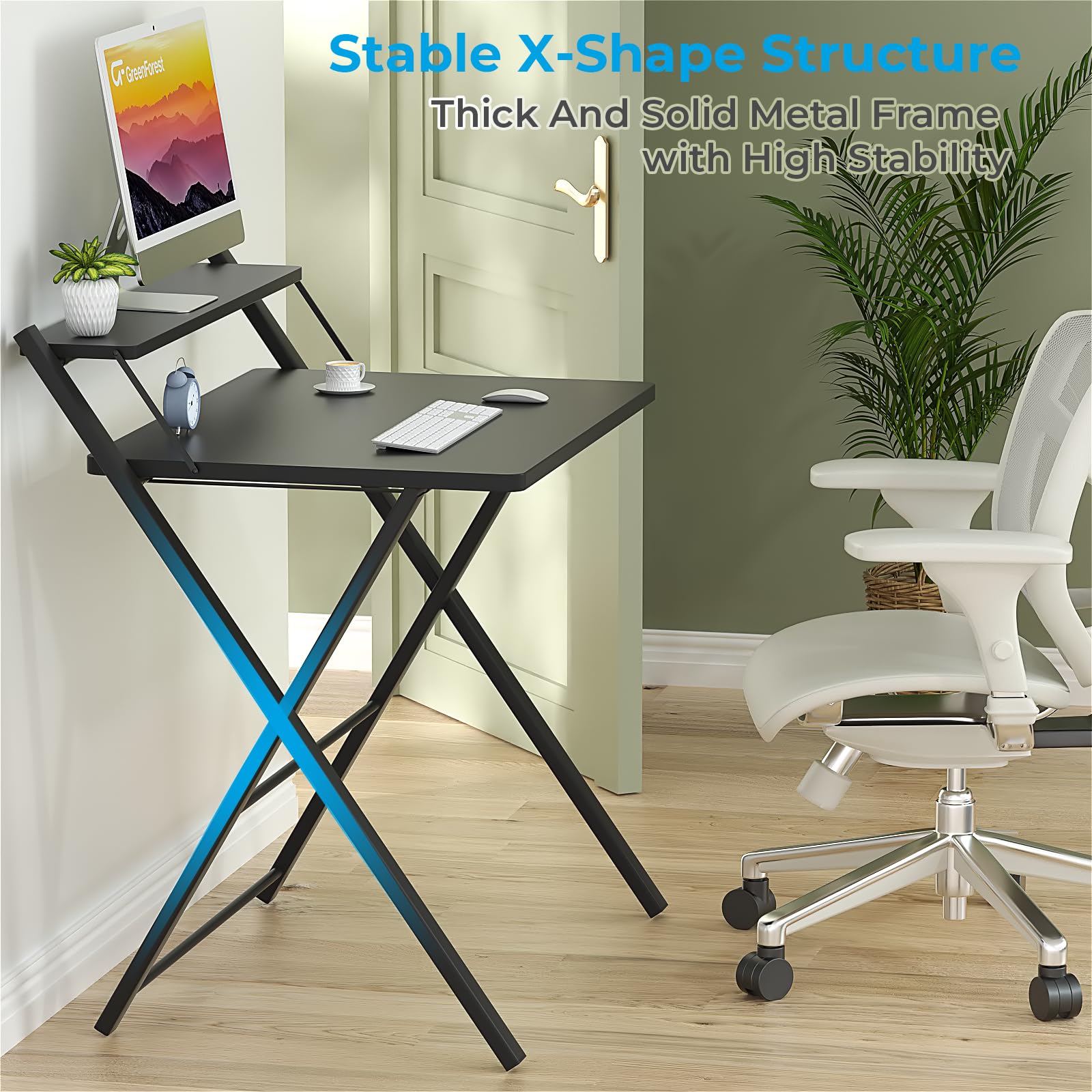 GreenForest Folding Desk - No Assembly Required 2-Tier Computer Desk with Shelf | Space Saving Portable Laptop Table for Home Office & Small Spaces | Perfect for Remote Work, Dorm Rooms & Studio Apartments (Black)