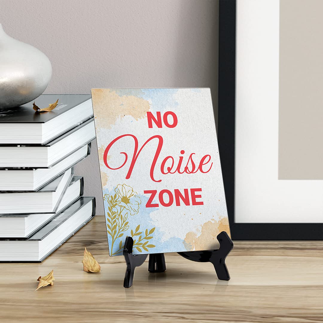 No Noise Zone Sign - Blue Watercolor Table Sign (6x8 Inches) for Quiet Areas, Libraries, Offices & Study Rooms
