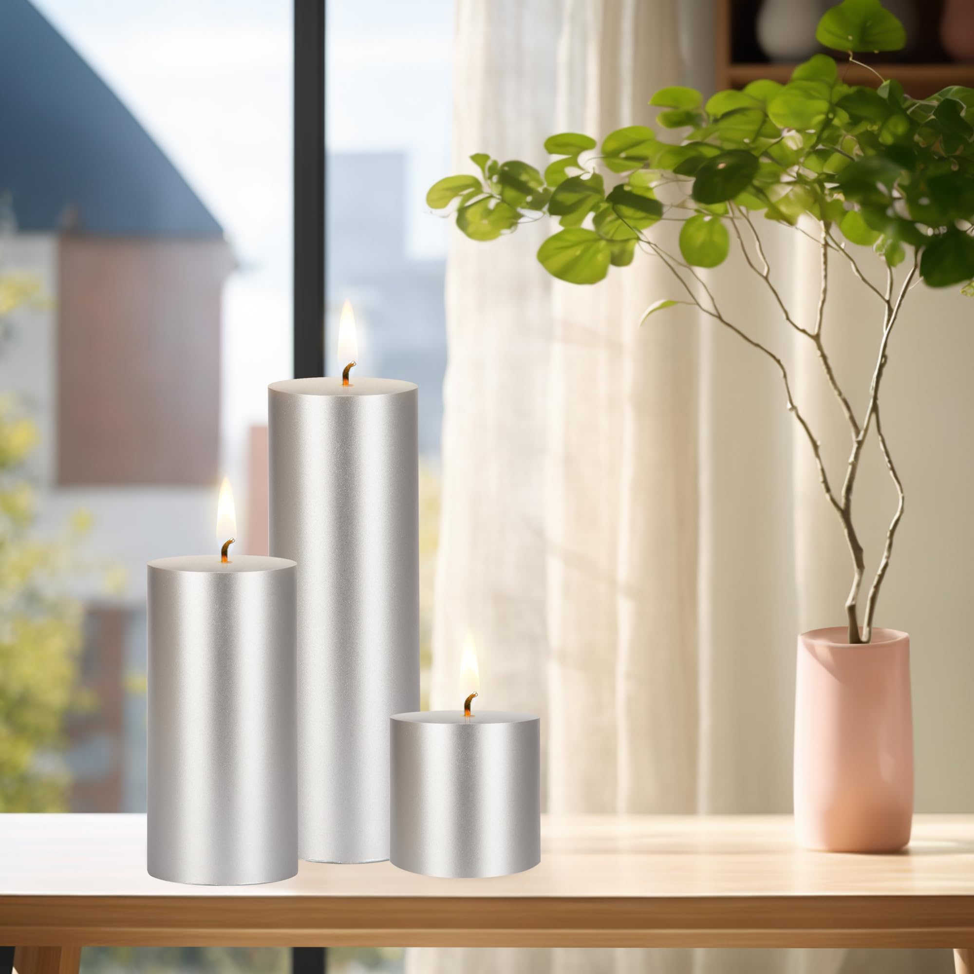 Premium Unscented Silver Pillar Candles 6-Pack - 3