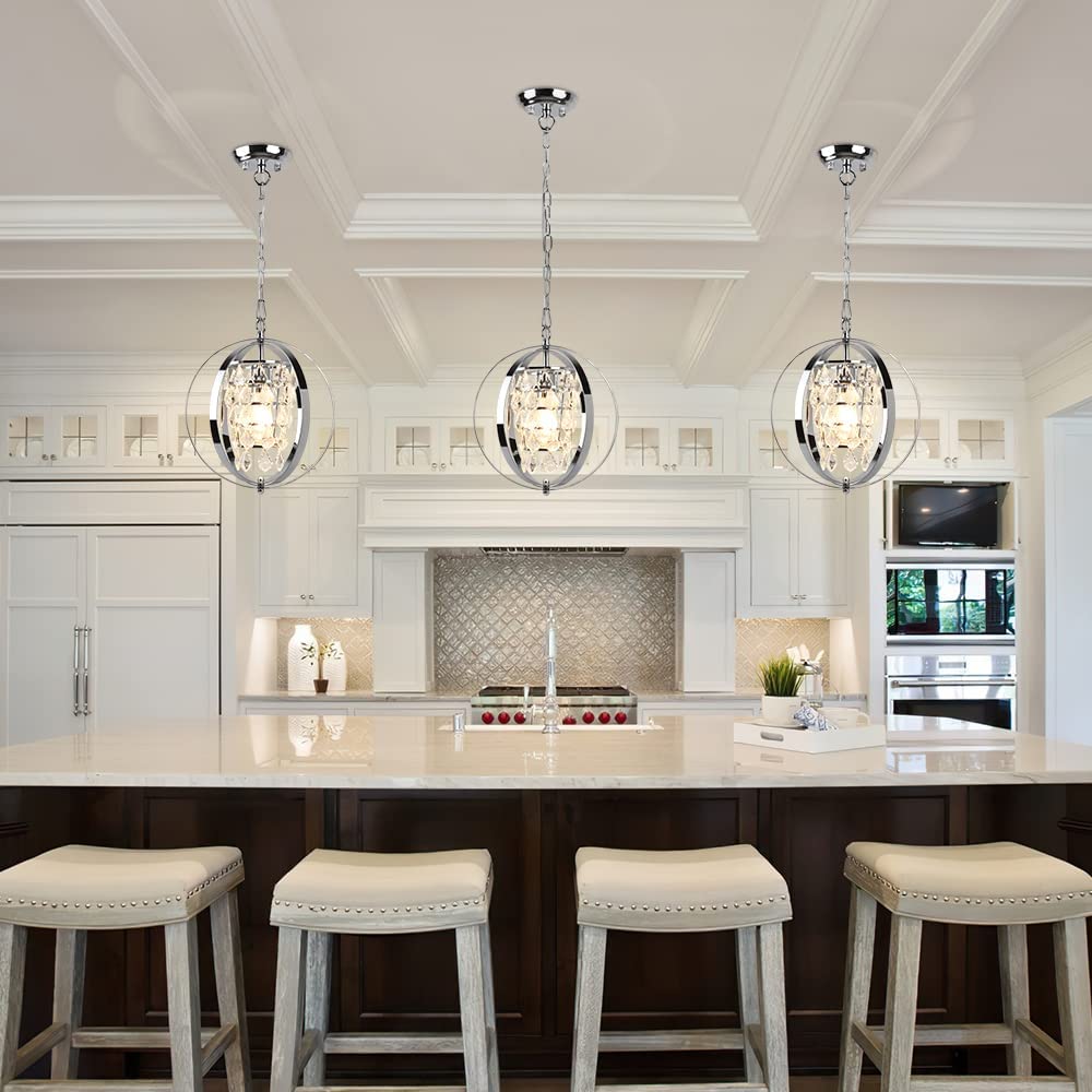Modern Globe Crystal Chandelier Light Fixture - Adjustable Flush Mount Ceiling Pendant Lamp with Industrial Metal Frame - Chrome Finish - Perfect for Kitchen, Living Room, Hallway & Bedroom Lighting Decor
