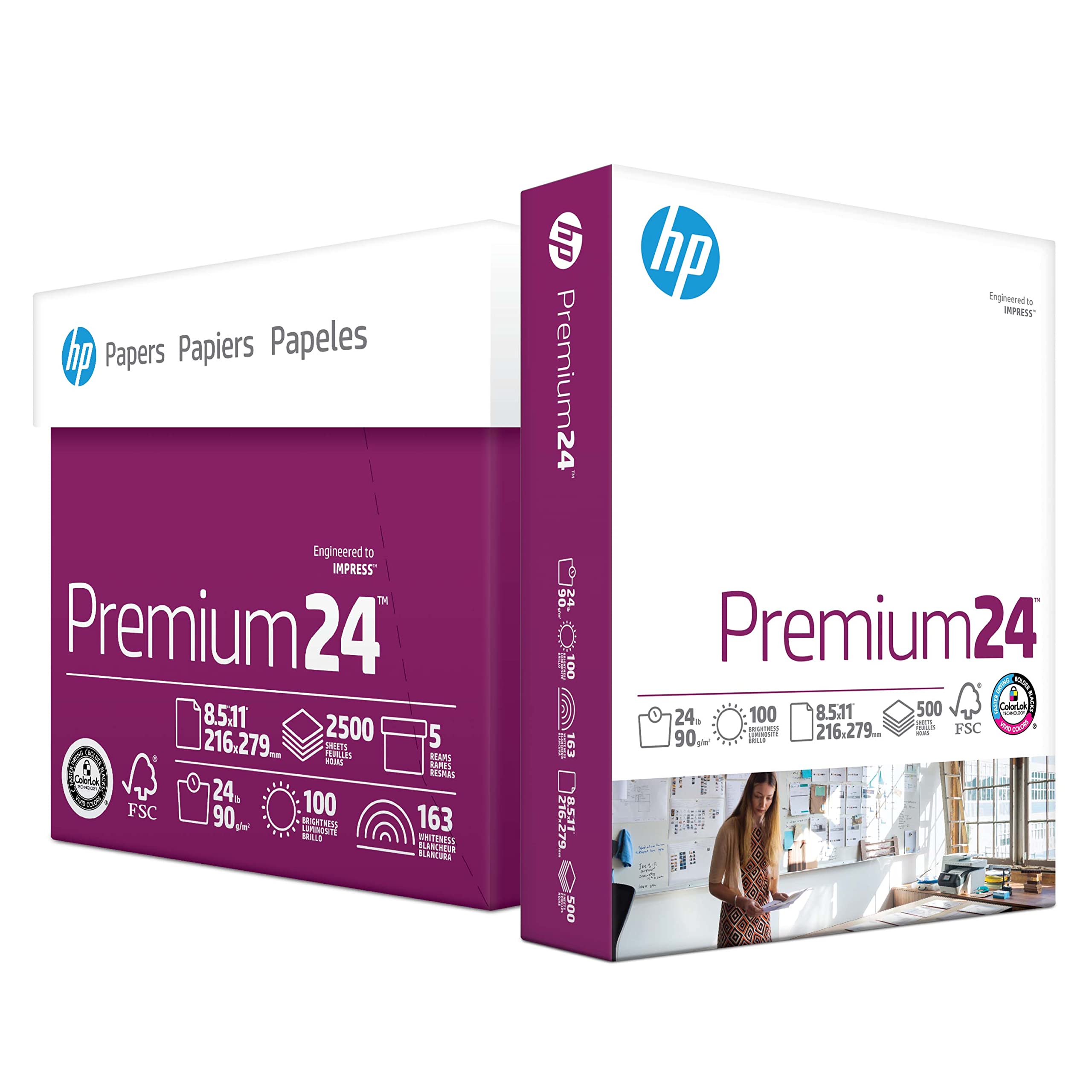 Premium HP Printer Paper 8.5 x 11 Inches | 24 lb Heavyweight Bond Paper | 5 Ream Case (2500 Sheets) | 100 Bright White | FSC Certified | Made in USA | Ideal for Office Documents, Reports, and Professional Printing