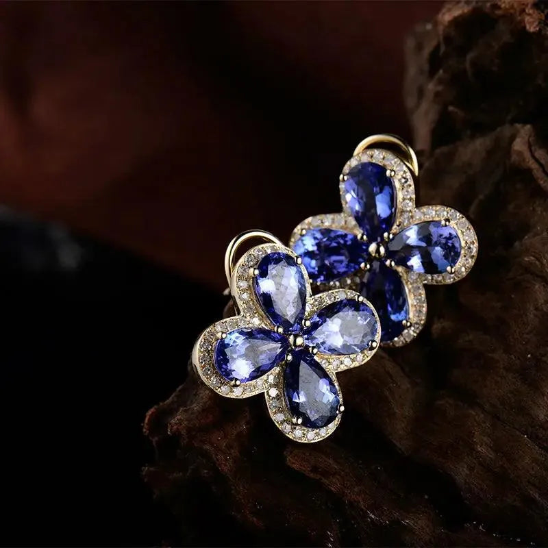 14k Real Yellow Gold Tanzanite & Natural Diamond Pear Stud Earrings 7x9mm for Women | Wedding, Party, Anniversary Gift | Elegant Jewelry for Special Occasions