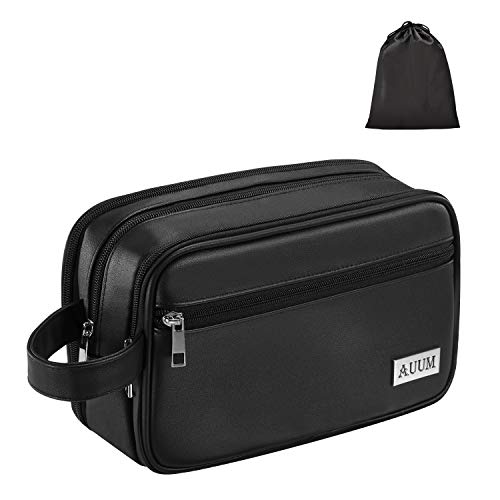 AUUM Large Water-Resistant PU Leather Toiletry Bag for Men & Women - Travel Shaving & Makeup Organizer Dopp Kit for Cosmetics & Toiletries Accessories (Black) - Perfect for Camping, Gym & Business Trips