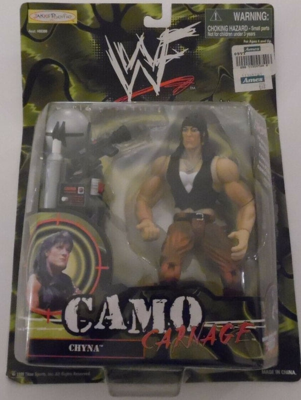 1999 WWF Jakks Pacific Camo Carnage Series 1 Chyna Action Figure with Gun Accessories - Collectible Wrestling Toy for Display & Play