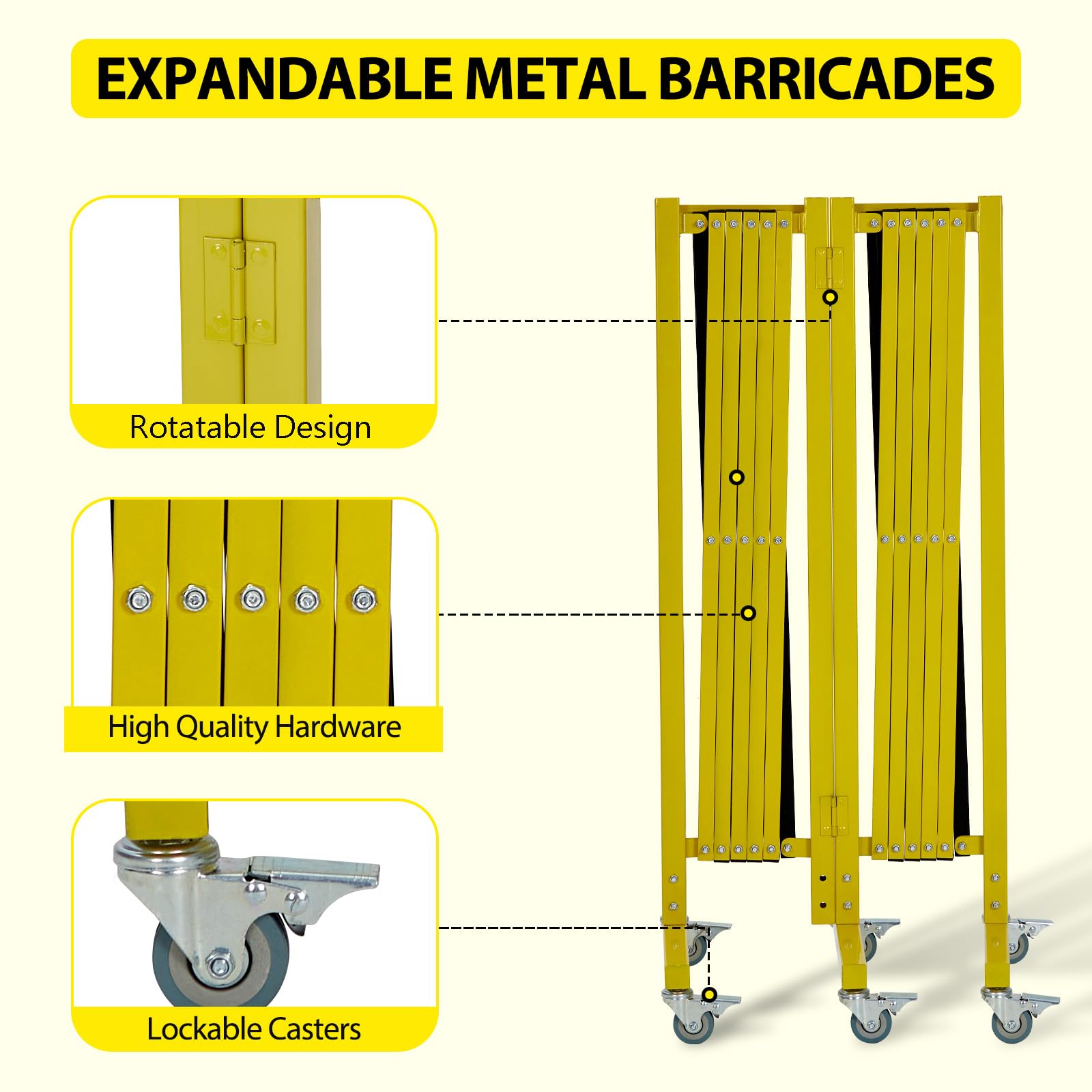 Garvee 19.8 FT Industrial Expandable Metal Barricade - Rotatable & Portable Safety Barrier with Warning Board & Casters | Retractable Traffic Fence Mobile Safety Barrier Gate (Yellow & Black) | Ideal for Construction Sites, Crowd Control & Event Safety