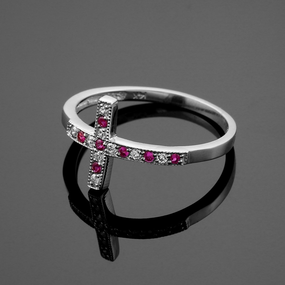 14K White Gold Sideways Cross Ring with White & Red CZ Stones - Elegant Religious Jewelry for Women, Perfect for Gifts, Weddings, Church & Everyday Wear