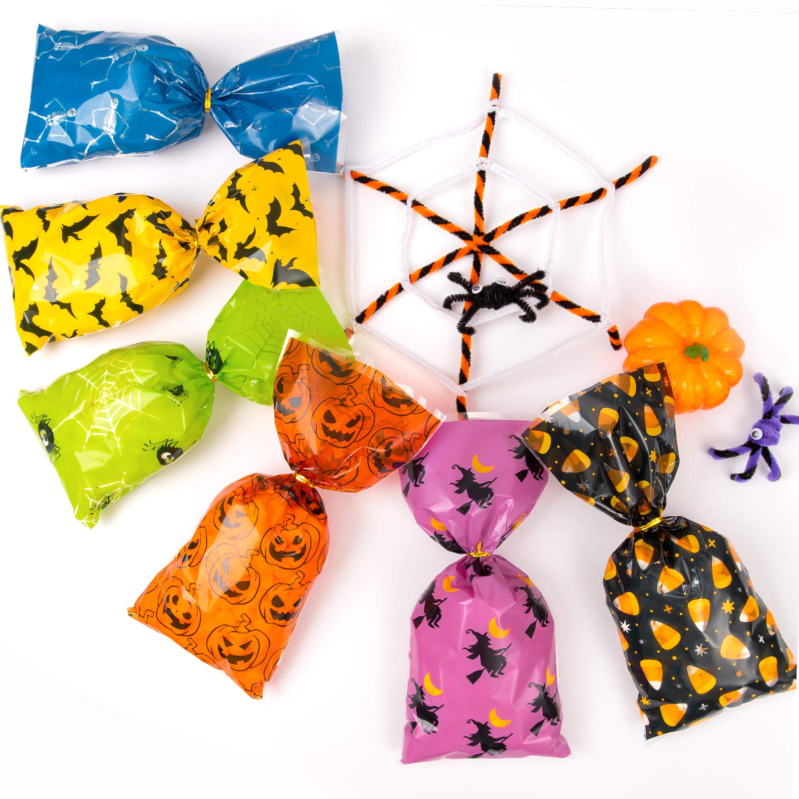 150Pcs Halloween Cellophane Bags - 6 Designs with Twist Ties (Pumpkin, Spider, Bat, Bone) - Candy Treat Bags for Halloween Party Favors, Sweet Gifts & Table Decorations - Perfect for Trick-or-Treat, Classroom Treats & Halloween Party Decor