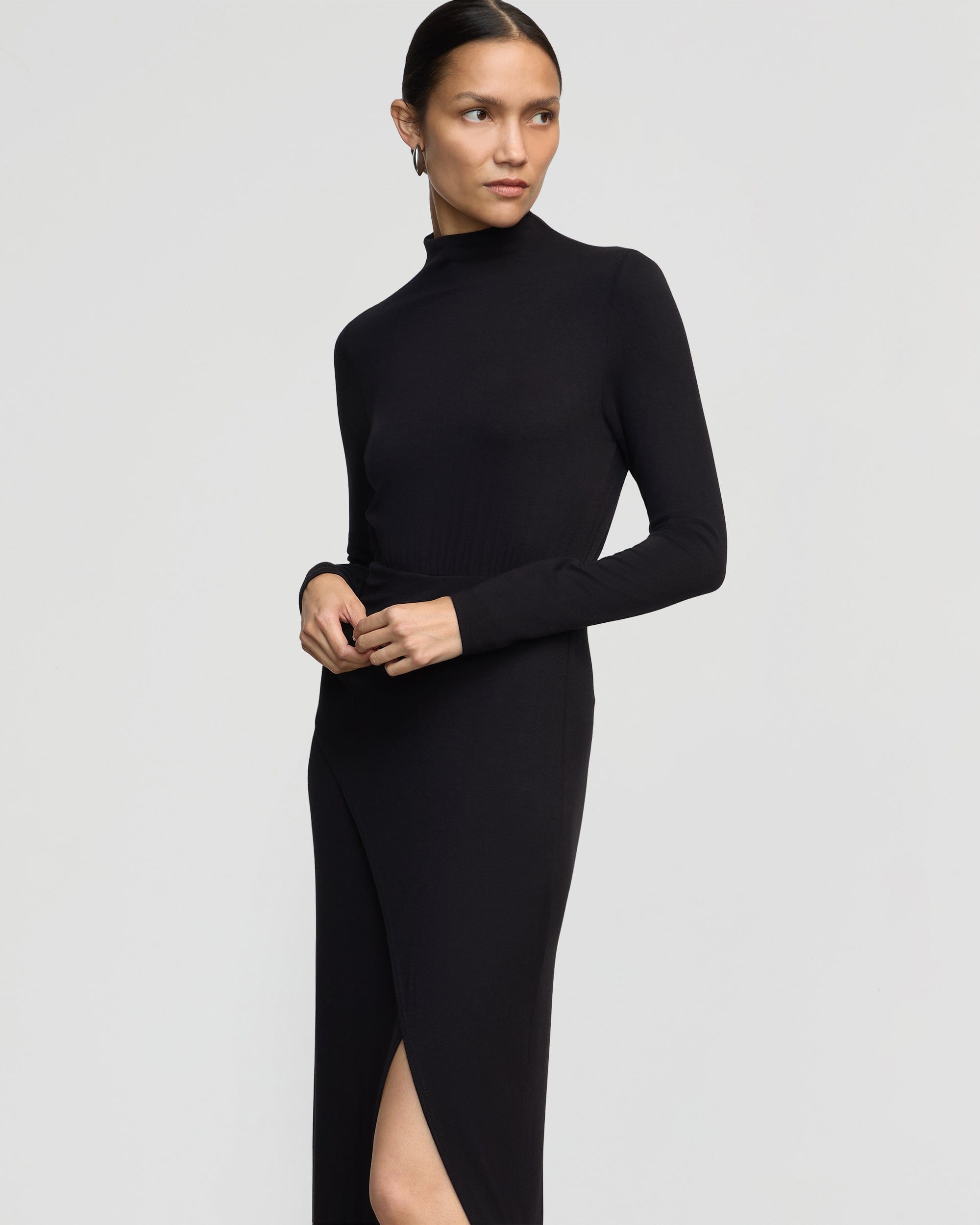 Suki Mock Neck Side Slit Dress - Elegant Women's Bodycon Midi Dress for Party, Date Night & Special Occasions