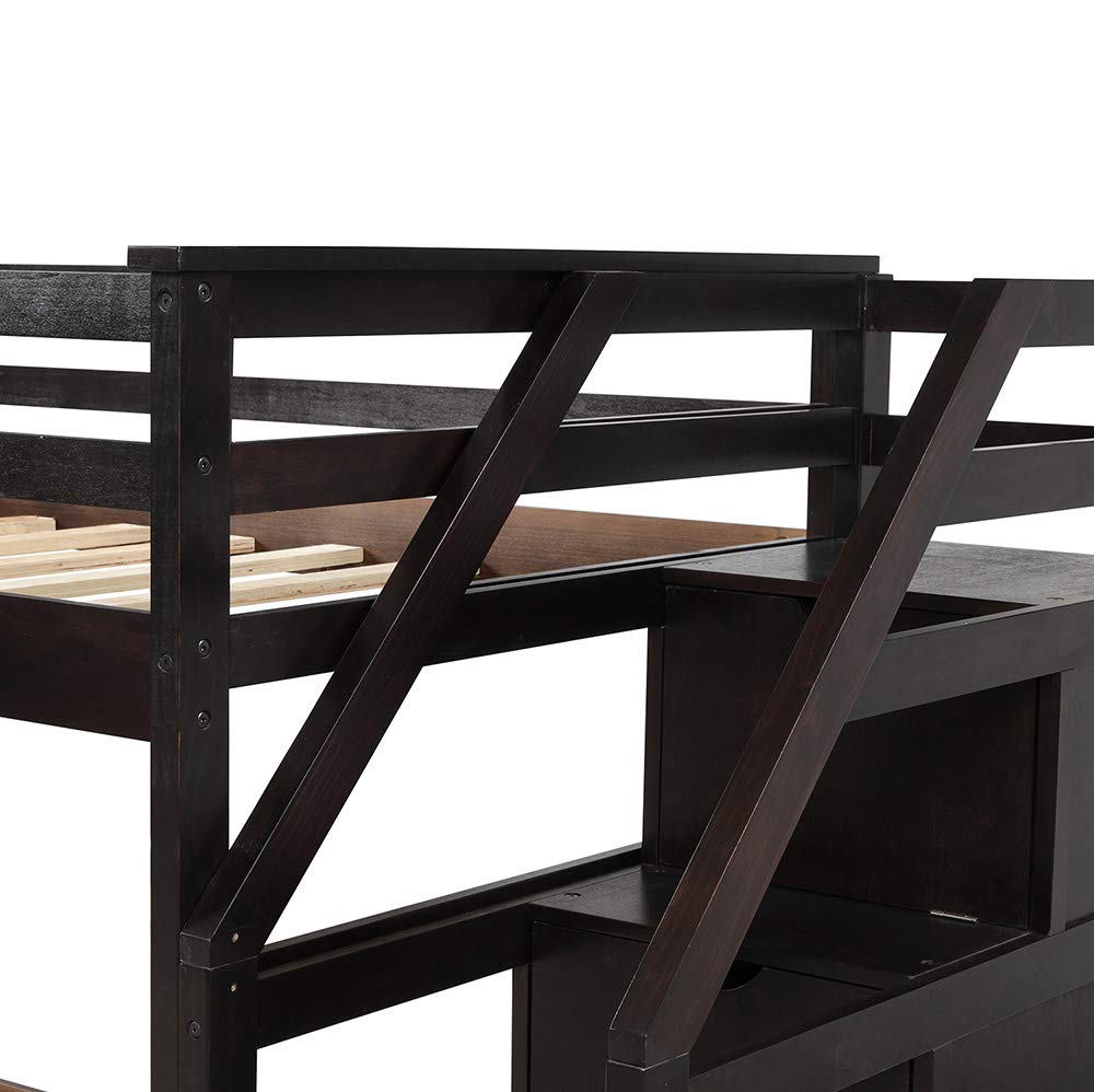 Premium Twin Over Twin Bunk Bed Frame with Trundle & Storage Stairs - Solid Wood Construction, Slat Support & Safety Guard Rail - No Box Spring Needed - Easy Assembly - Espresso Finish - Perfect for Kids' Bedrooms, Guest Rooms & Space-Saving Solutions