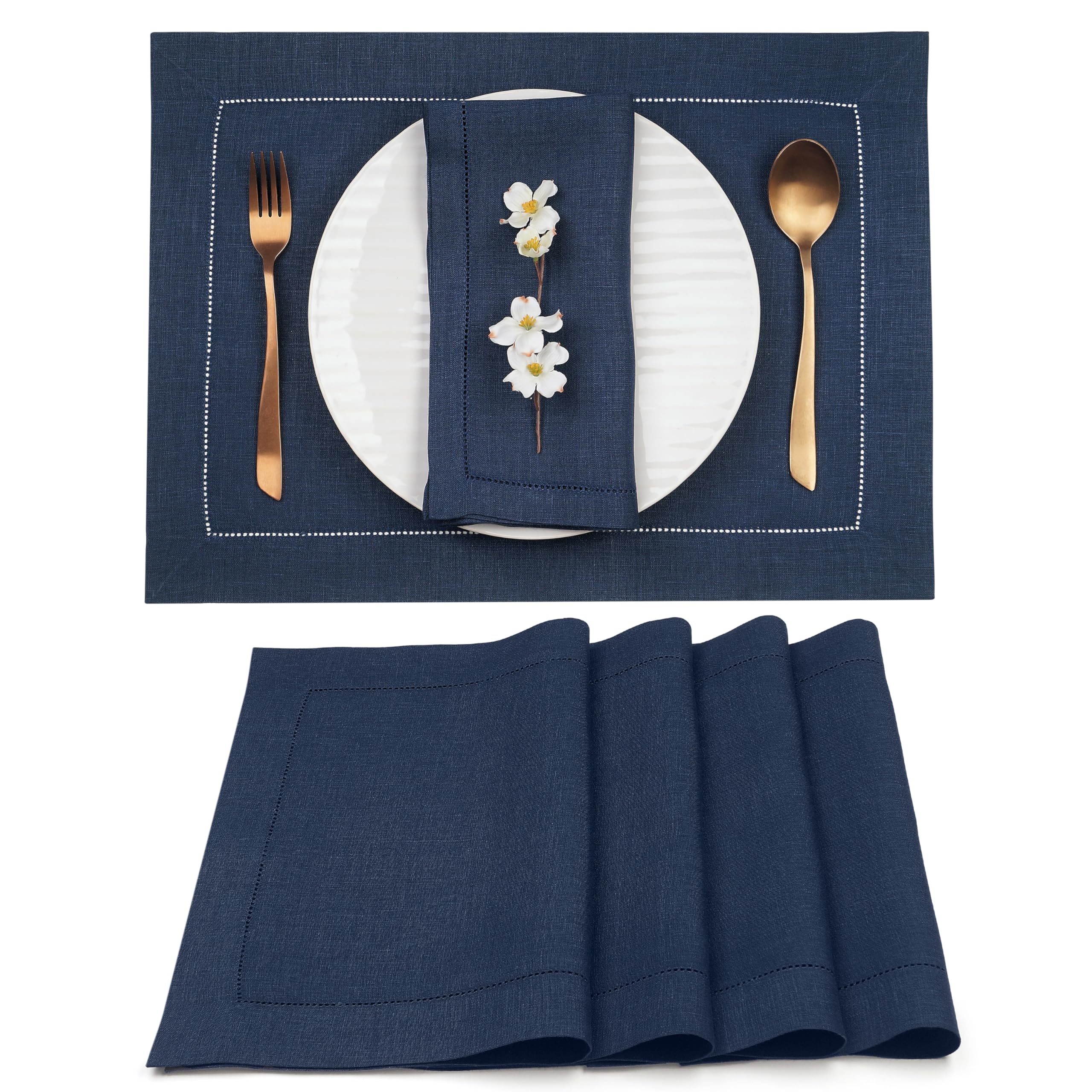 D'Moksha Homes 100% Pure Linen Placemats Set of 4 - Navy Blue 14x19 Inch Classic Hemstitch Washable Table Mats for Dining, Kitchen, Spring & Summer Decor
