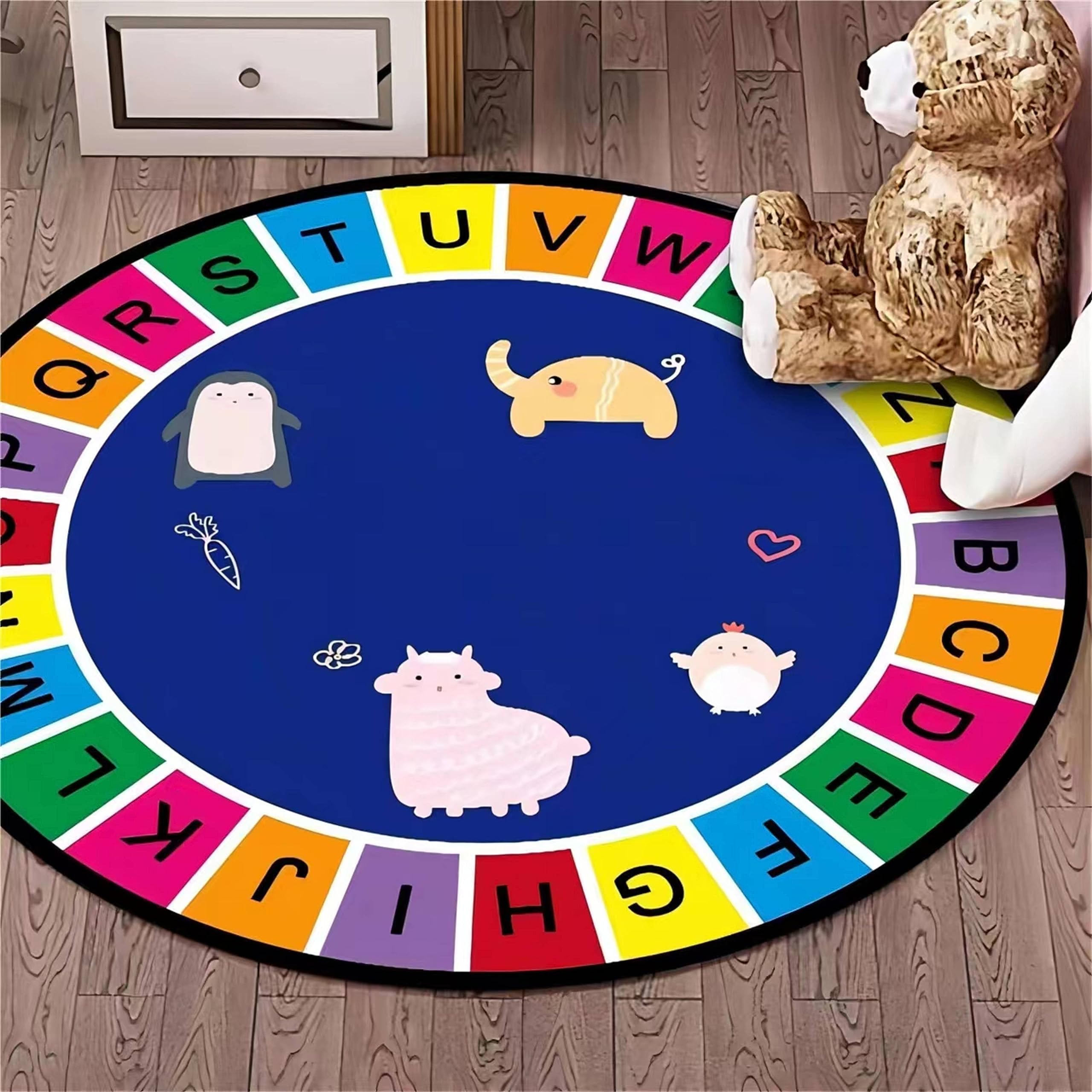 ABC Kids Round Area Rug 6ft - Soft Non-Slip Circle Alphabet Animal Play Mat with Elephant Penguin Sheep Chick Design for Nursery, Playroom, Living Room & Bedroom | Perfect for Crawling, Learning & Decorating Toddler Rooms