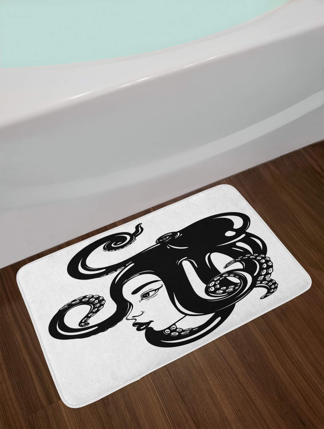 Ambesonne Non-Slip Plush Bath Mat - Hand Drawn Sea Monster Design with Octopus Lady in Monochrome, 30.2 x 20 Inches, Charcoal Grey & White - Perfect for Bathroom Decor, Kids' Room, or Coastal-Themed Home