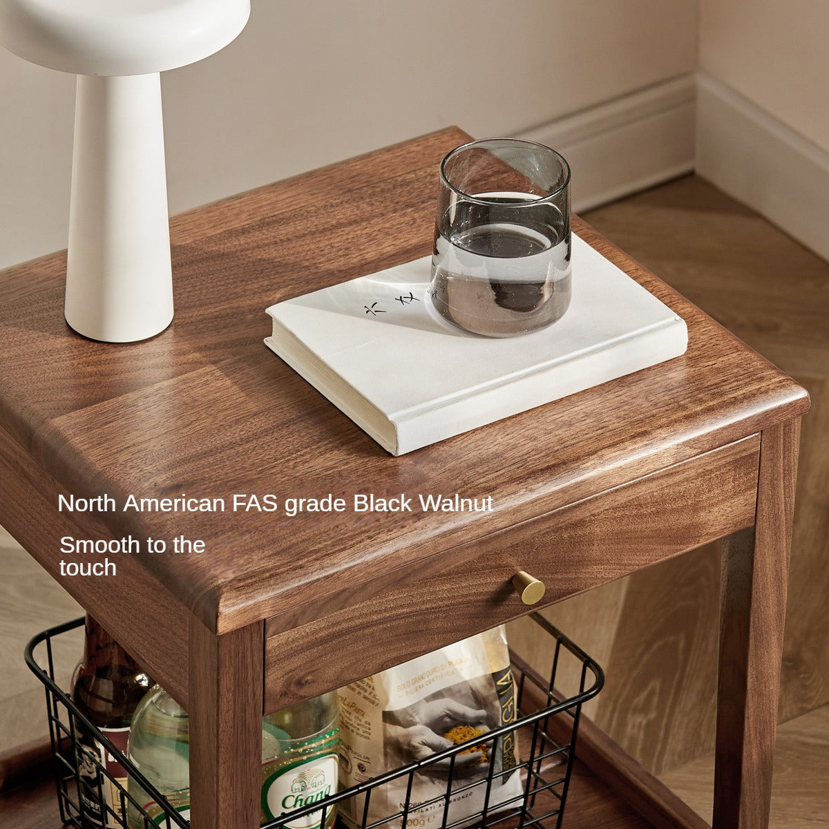 Black Walnut Solid Wood Narrow Nightstand - Modern Bedside Table with Drawer for Bedroom, Living Room & Small Spaces - Perfect for Storage & Décor