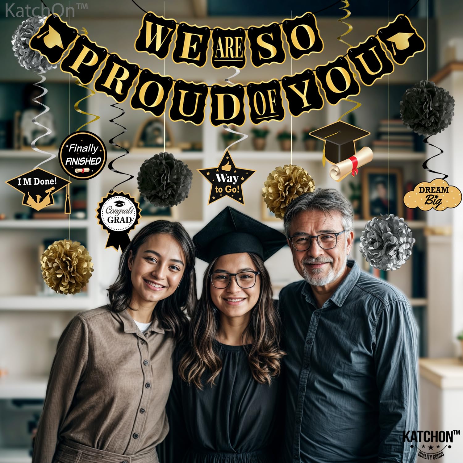 2025 Graduation Party Decorations Set - 34-Pack Black & Gold Grad Banner, Swirls & Pom Poms | 'We Are So Proud of You' Sign | Class of 2025 Celebration Supplies for High School & College Graduation Ceremony Decor
