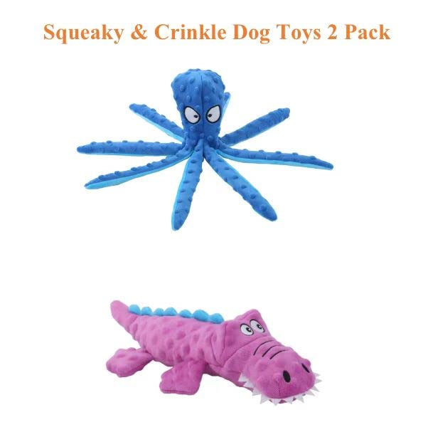 Durable Squeaky Dog Toys - 2 Pack Plush Chew Toys for Puppy Teething (Pink Crocodile & Blue Octopus) | Interactive Training Toys for Small, Medium & Large Dogs | Reduce Boredom & Anxiety | Perfect for Indoor Play, Outdoor Fetch & Crate Training