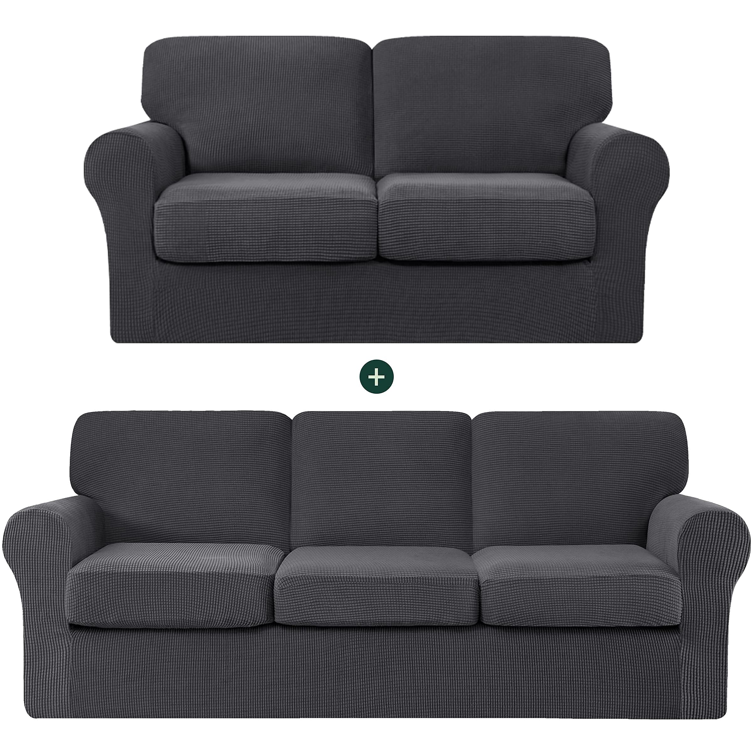CHUN YI Loveseat Sofa Cover Set - Large Couch Slipcover with Detachable Backrest & Cushions, Stretch Jacquard Fabric in Gray Check Pattern - Perfect for Living Room, Bedroom, or Home Office Furniture Protection