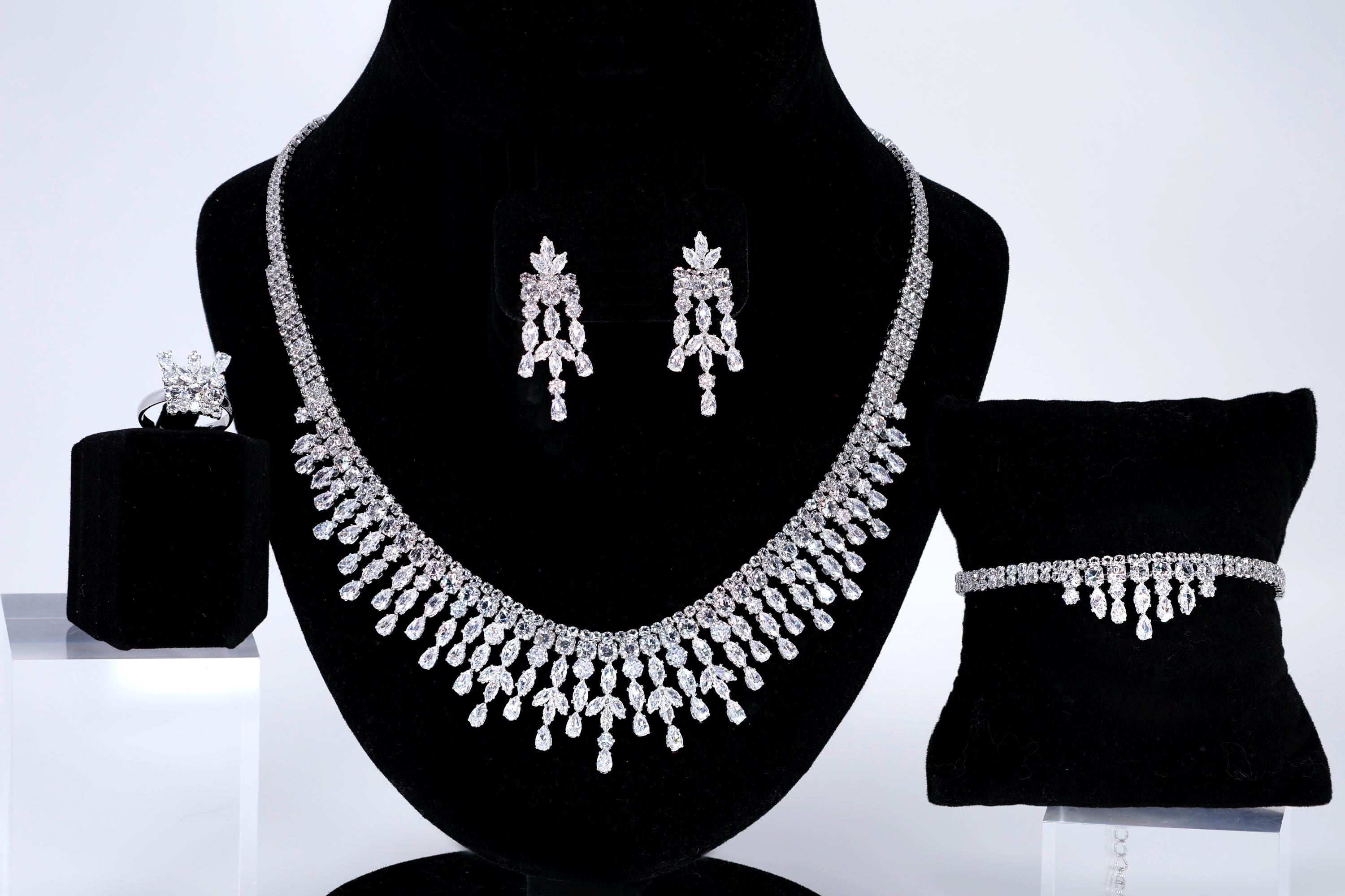 Elegant CZ Diamond Jewelry Set for Women - Bridal Earrings, Bracelet, Ring & Necklace - Cubic Zirconia Wedding Jewelry Collection - Perfect for Weddings, Prom & Special Occasions
