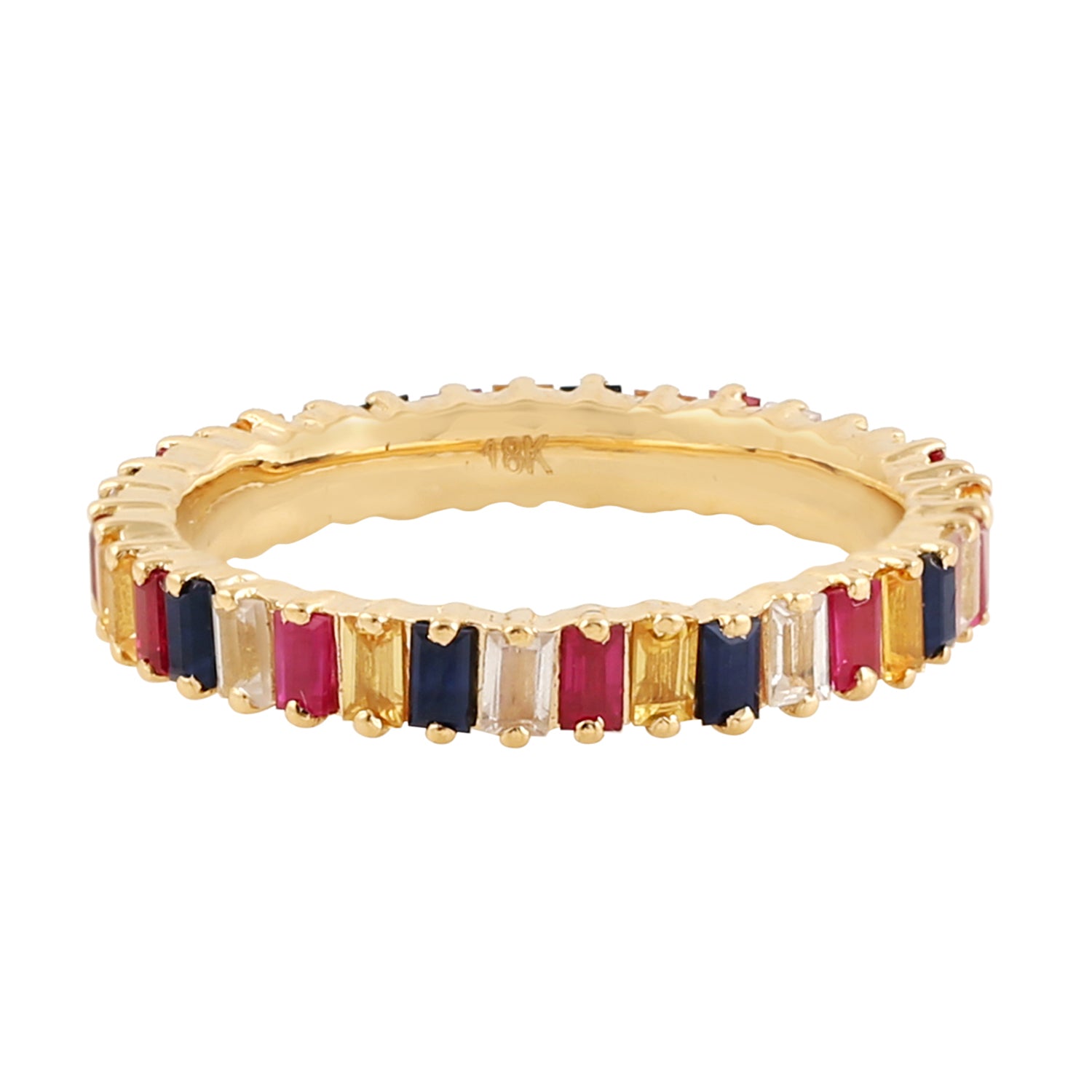 Exquisite Baguette Cut Rainbow Sapphire & Ruby Gemstone Band Ring in 14K Yellow Gold | Elegant Stackable Ring for Women, Perfect for Weddings, Anniversaries & Special Occasions