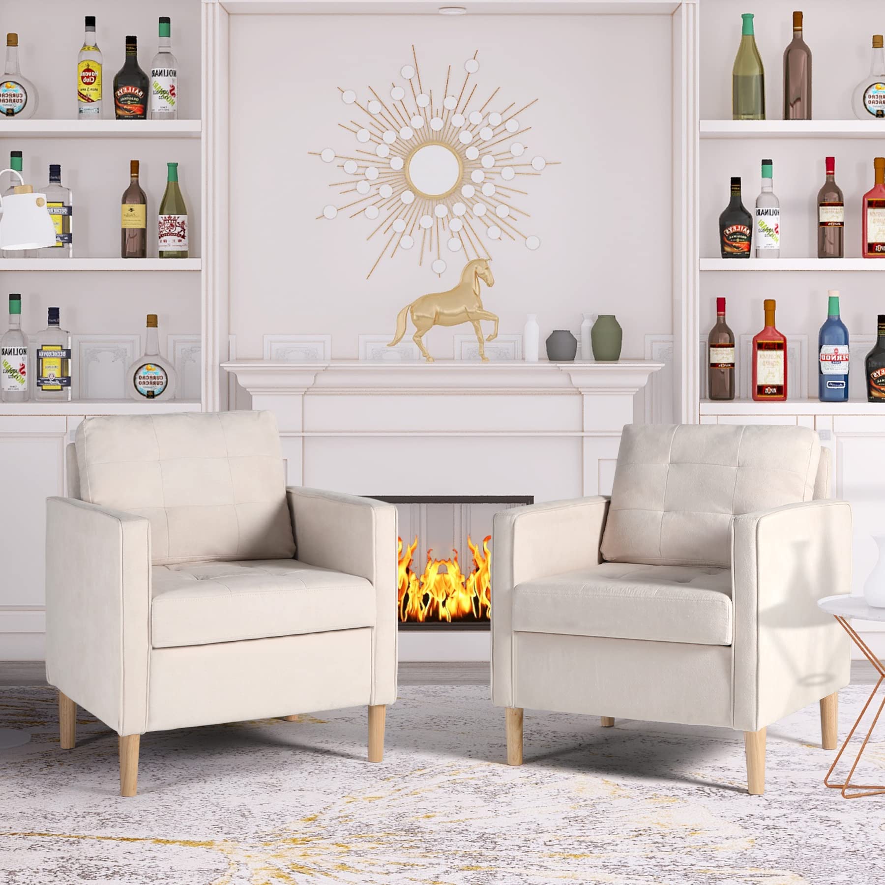 Mid Century Modern Fabric Accent Chairs Set of 2 - Upholstered Armchairs for Home Office, Living Room & Bedroom | Comfortable Reading & Club Chairs in White | Perfect for Workspaces, Lounging & Relaxation