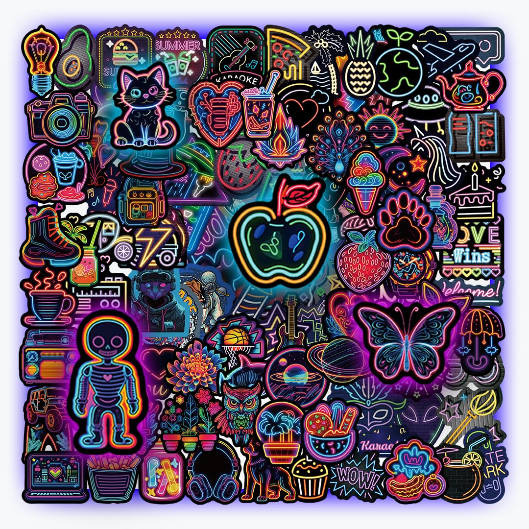 200pcs Neon Stickers - Waterproof Vinyl Decals for Water Bottles, Skateboards, Laptops, Luggage - Cool Sticker Pack for Teens, Kids & Adults - Perfect for DIY Crafts, Christmas Party Favors & Personalizing Belongings