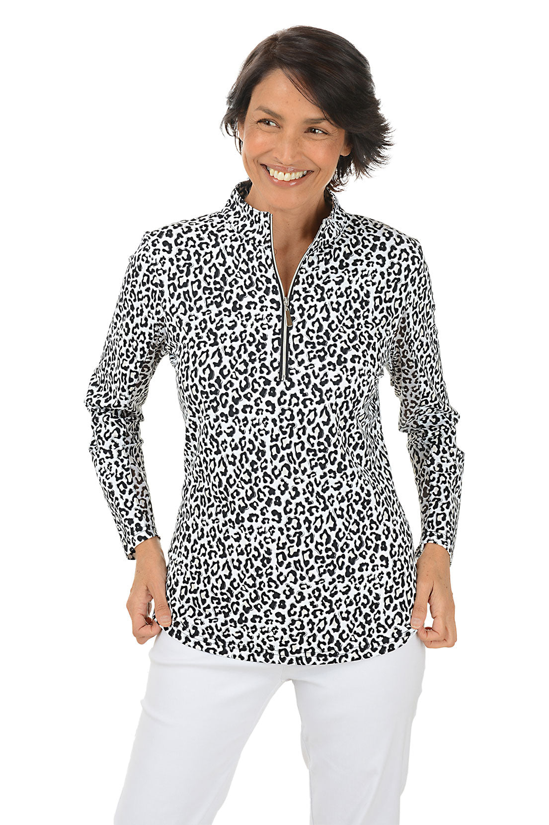 Snow Leopard Print UPF50+ Cooling Mock Neck Top for Women - Sun Protection & Breathable Activewear for Hiking, Running, and Outdoor Adventures
