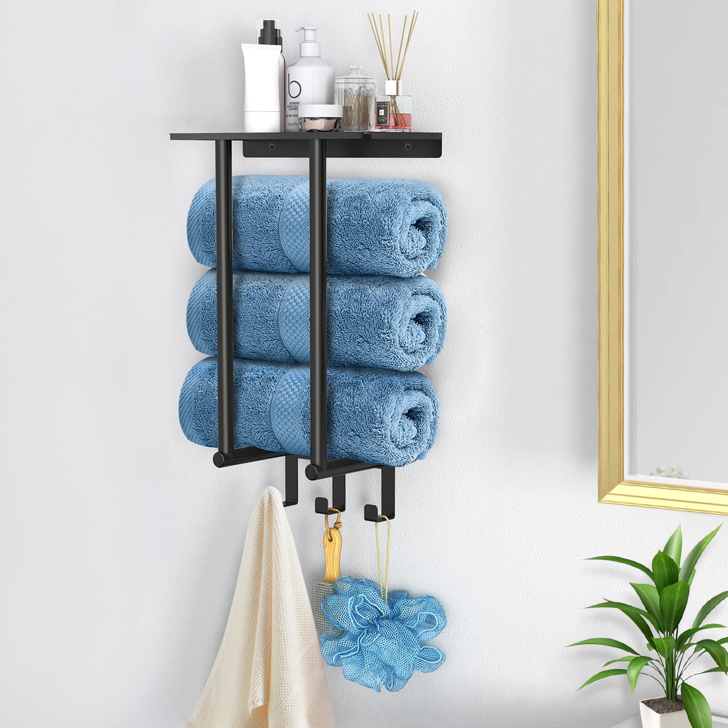 Black Wall Mounted Bathroom Towel Rack with Metal Shelf & 3 Hooks - Space Saving Storage Solution for Small Bathrooms, Perfect for Hanging Towels, Robes & Accessories in Compact Spaces