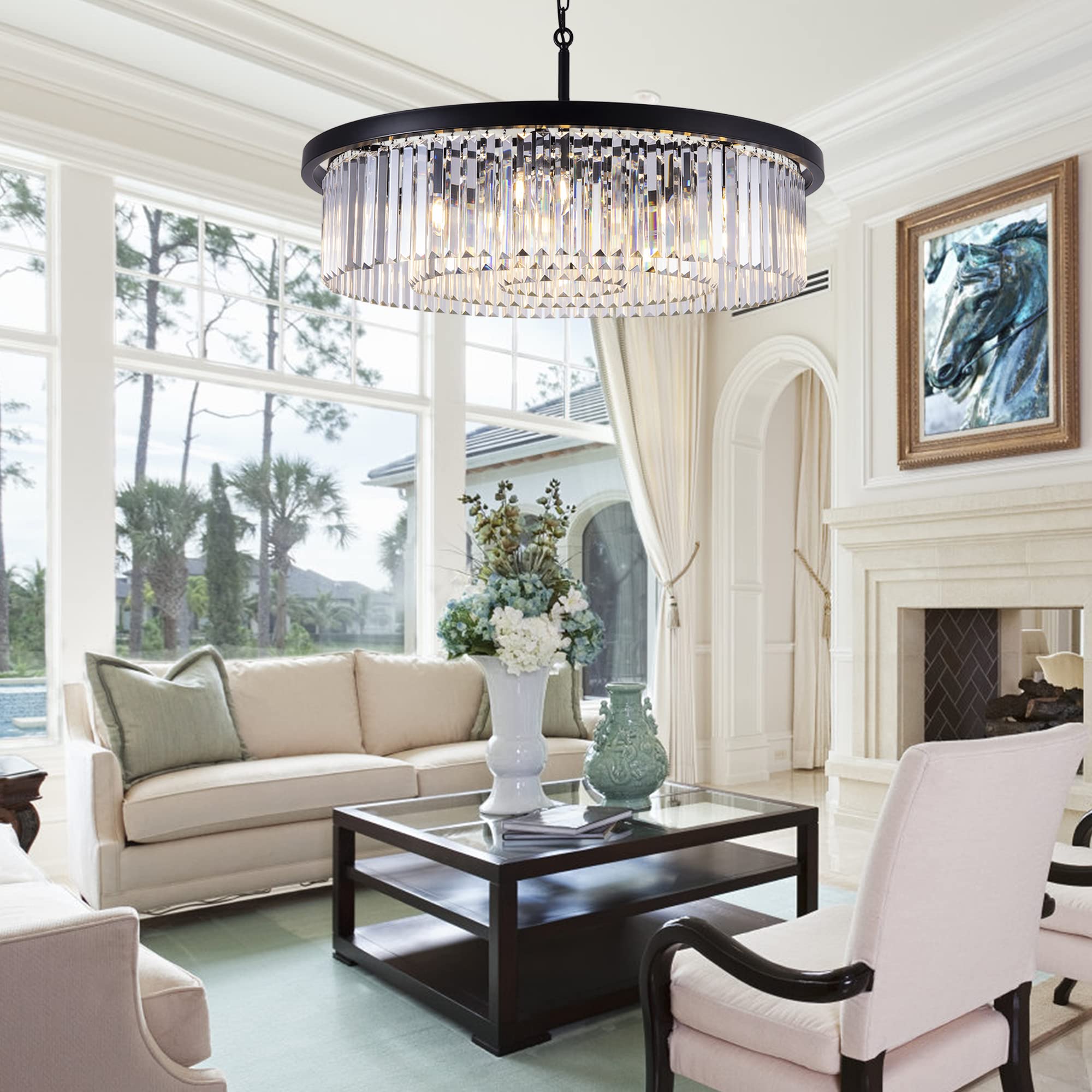 Wellmet Black Large Crystal Chandelier - Modern 9-Light Luxury Ceiling Fixture with 3-Tier Raindrop Design, 33.5