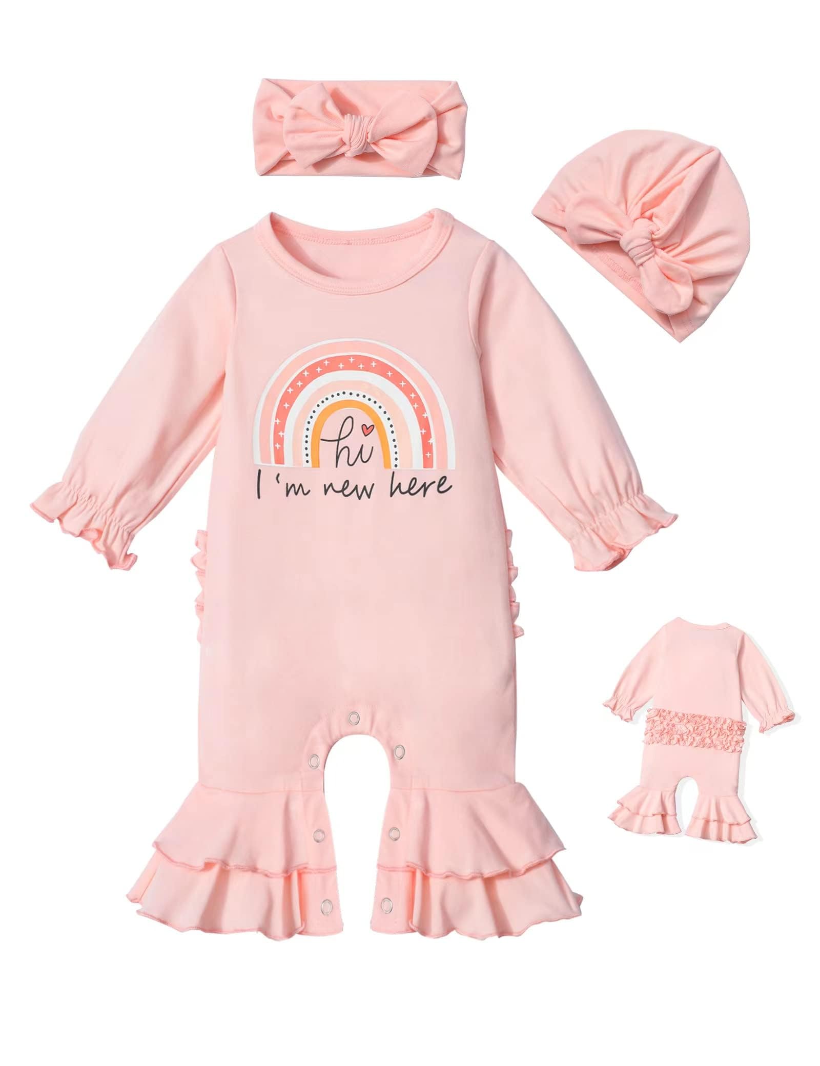 Newborn Girl Clothes - Ruffle Letter Print Romper & Bell Bottom Jumpsuit with Headband Hat | Boho Style Baby Outfit for Photoshoots, Parties & Special Occasions